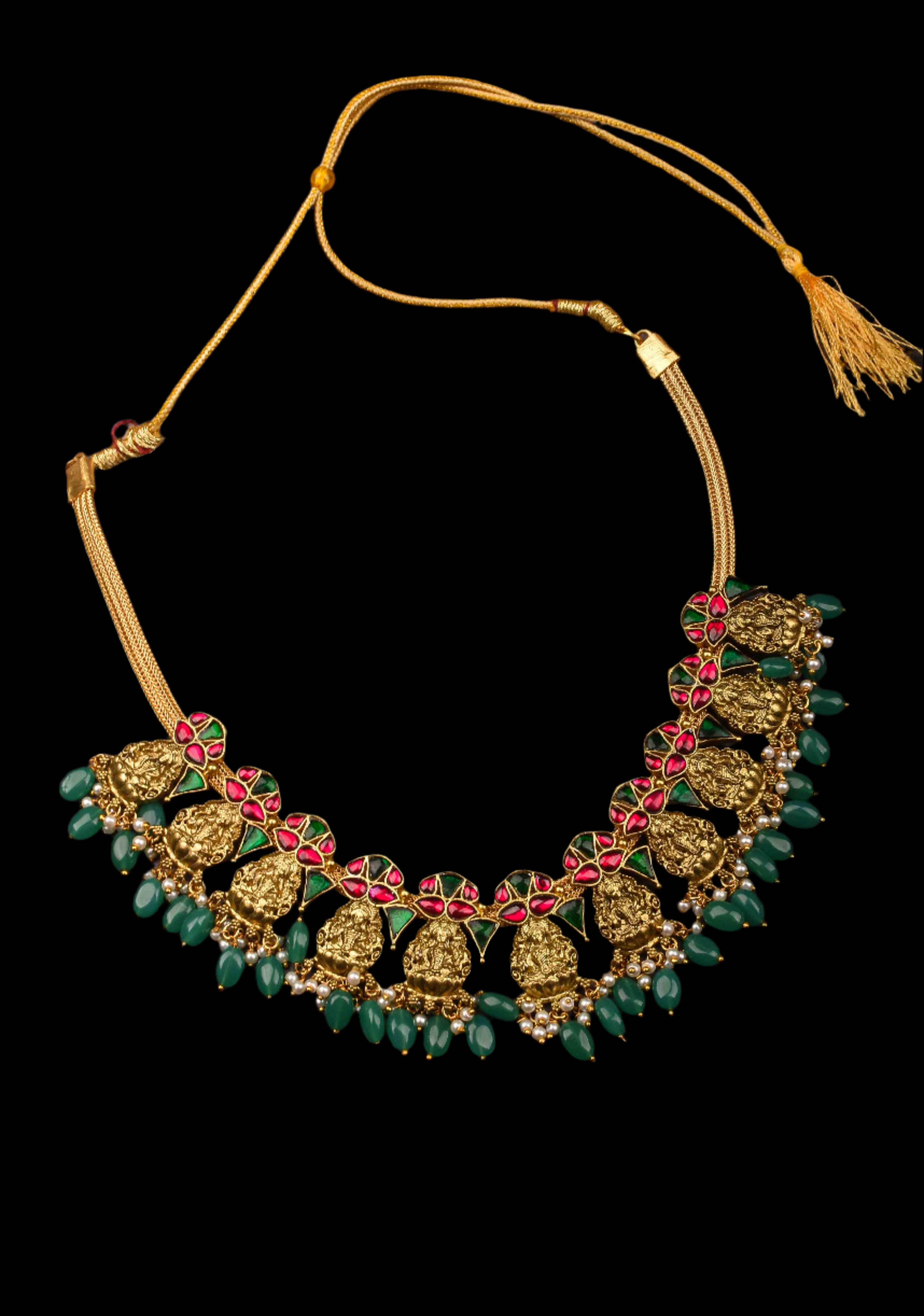 Nagas Lakshmi Necklace with Multicolor stone and green dangling beads | SHOBITAM