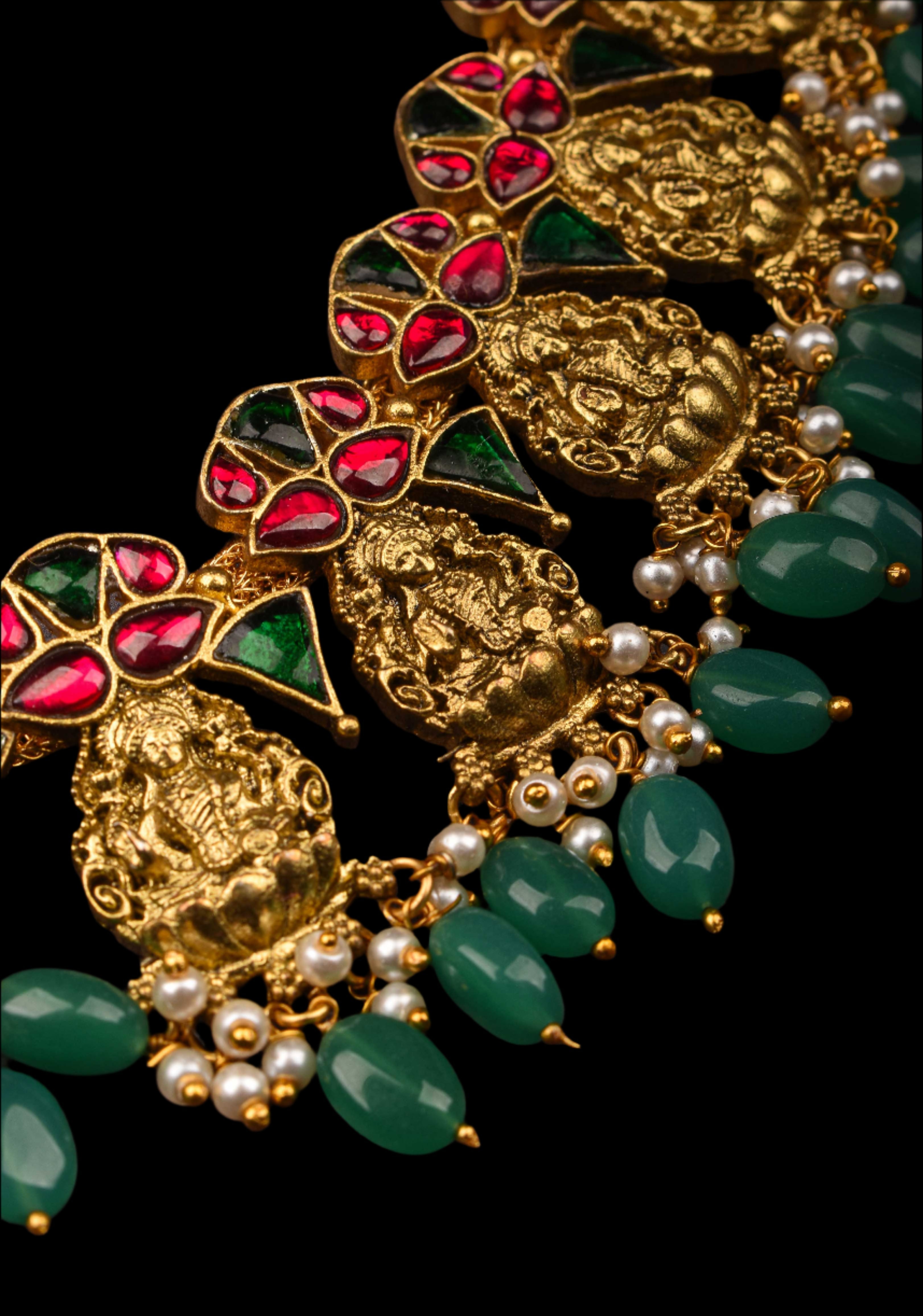 Nagas Lakshmi Necklace with Multicolor stone and green dangling beads | SHOBITAM