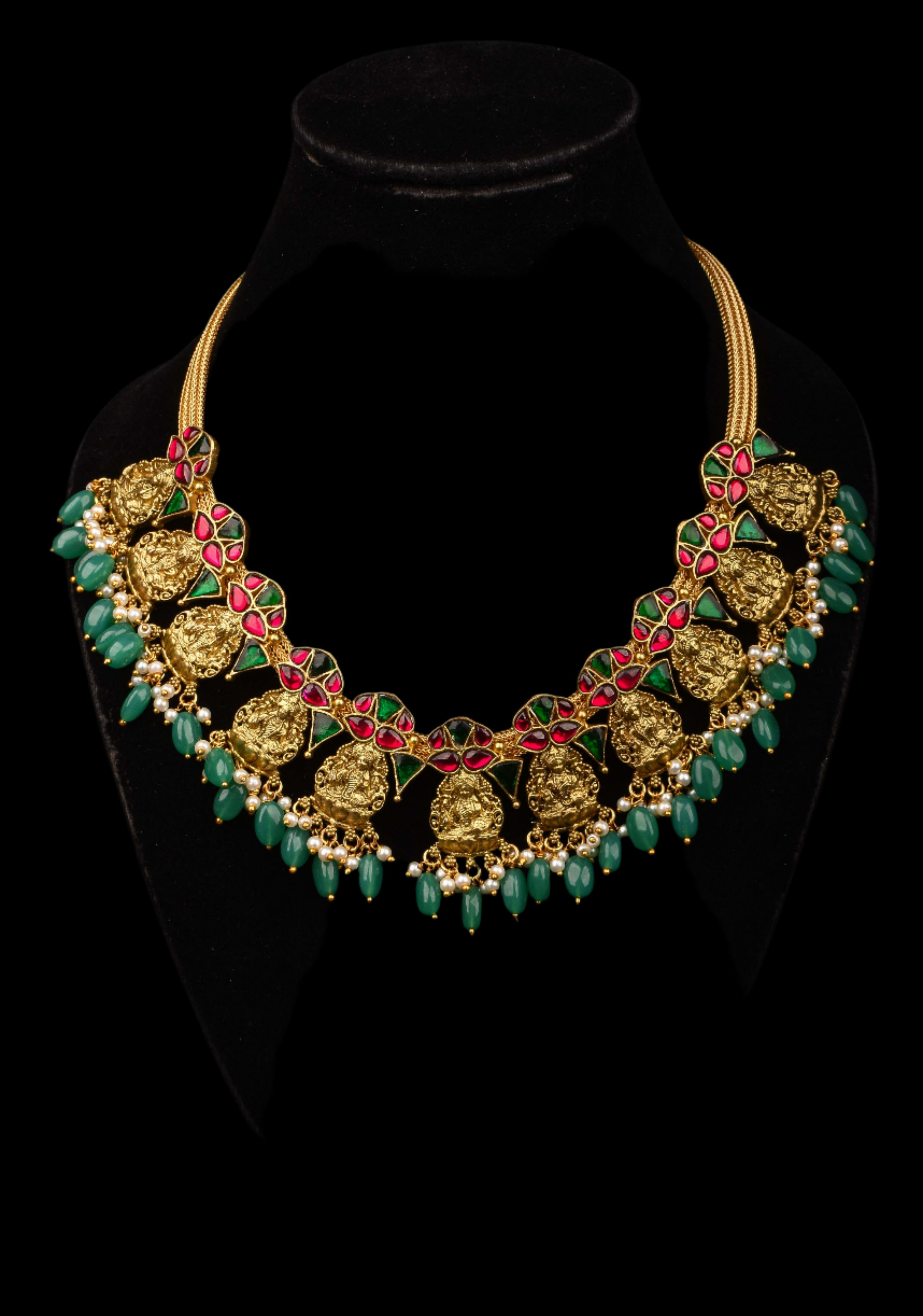 Nagas Lakshmi Necklace with Multicolor stone and green dangling beads | SHOBITAM