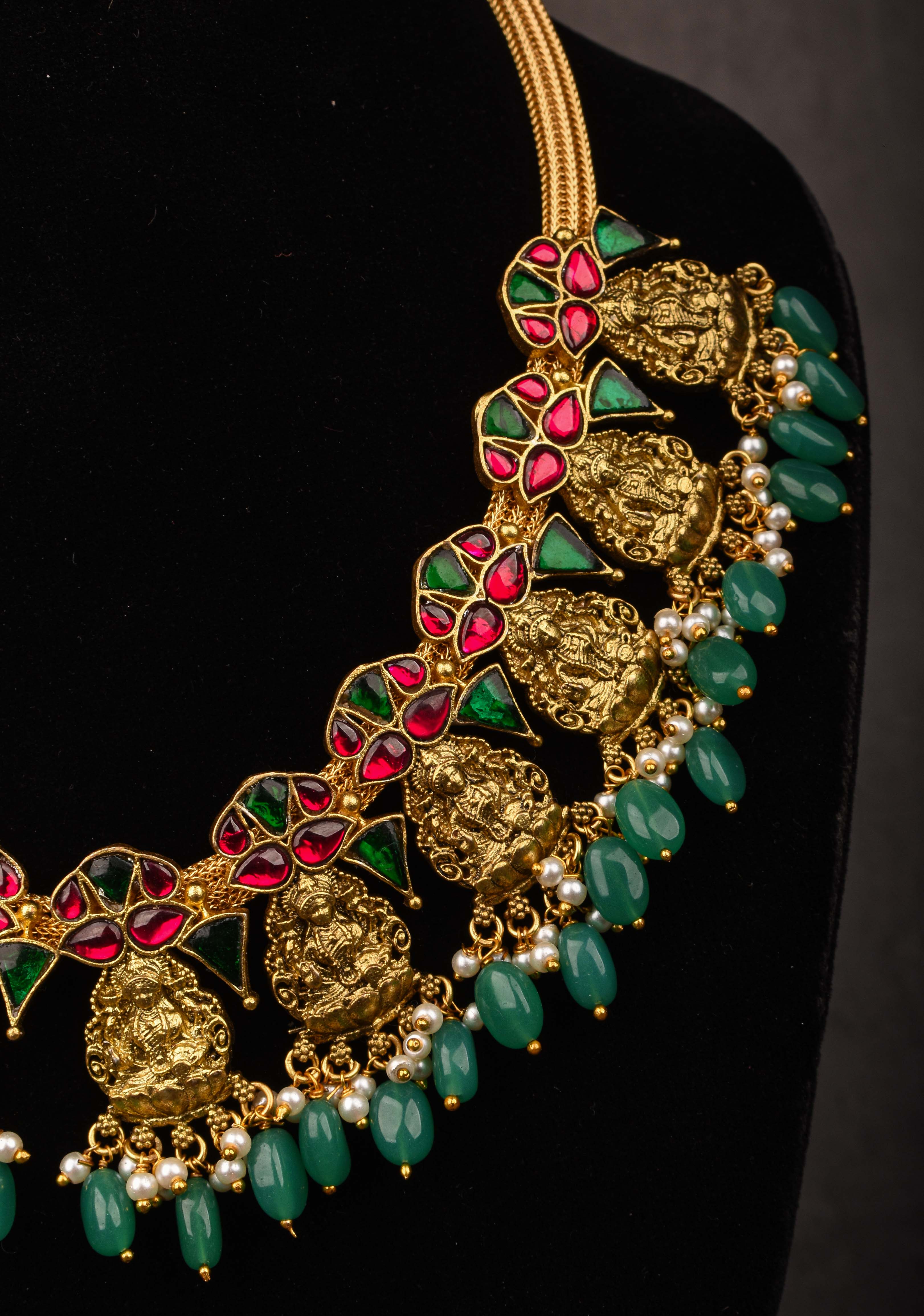 Nagas Lakshmi Necklace with Multicolor stone and green dangling beads | SHOBITAM