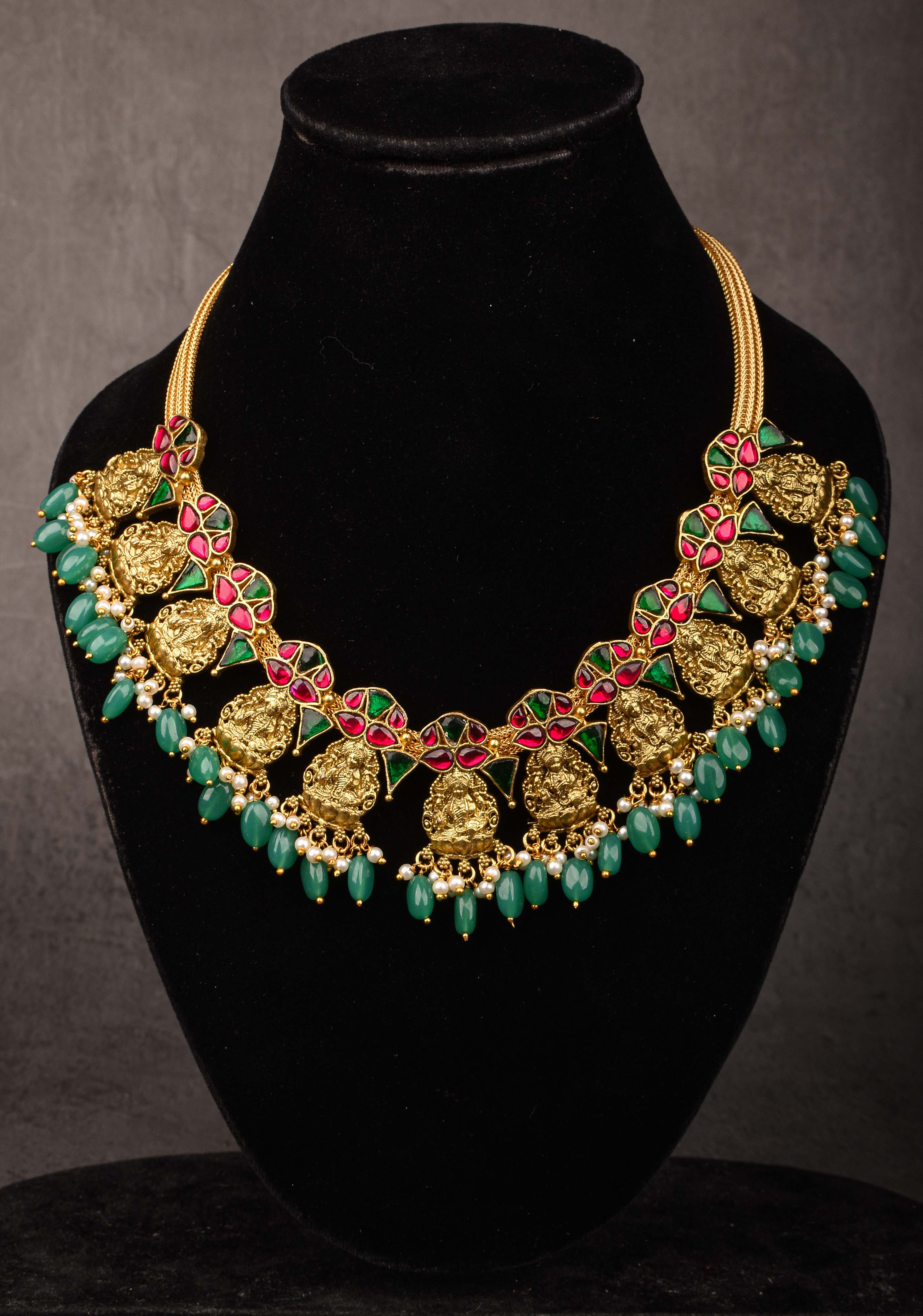Nagas Lakshmi Necklace with Multicolor stone and green dangling beads | SHOBITAM