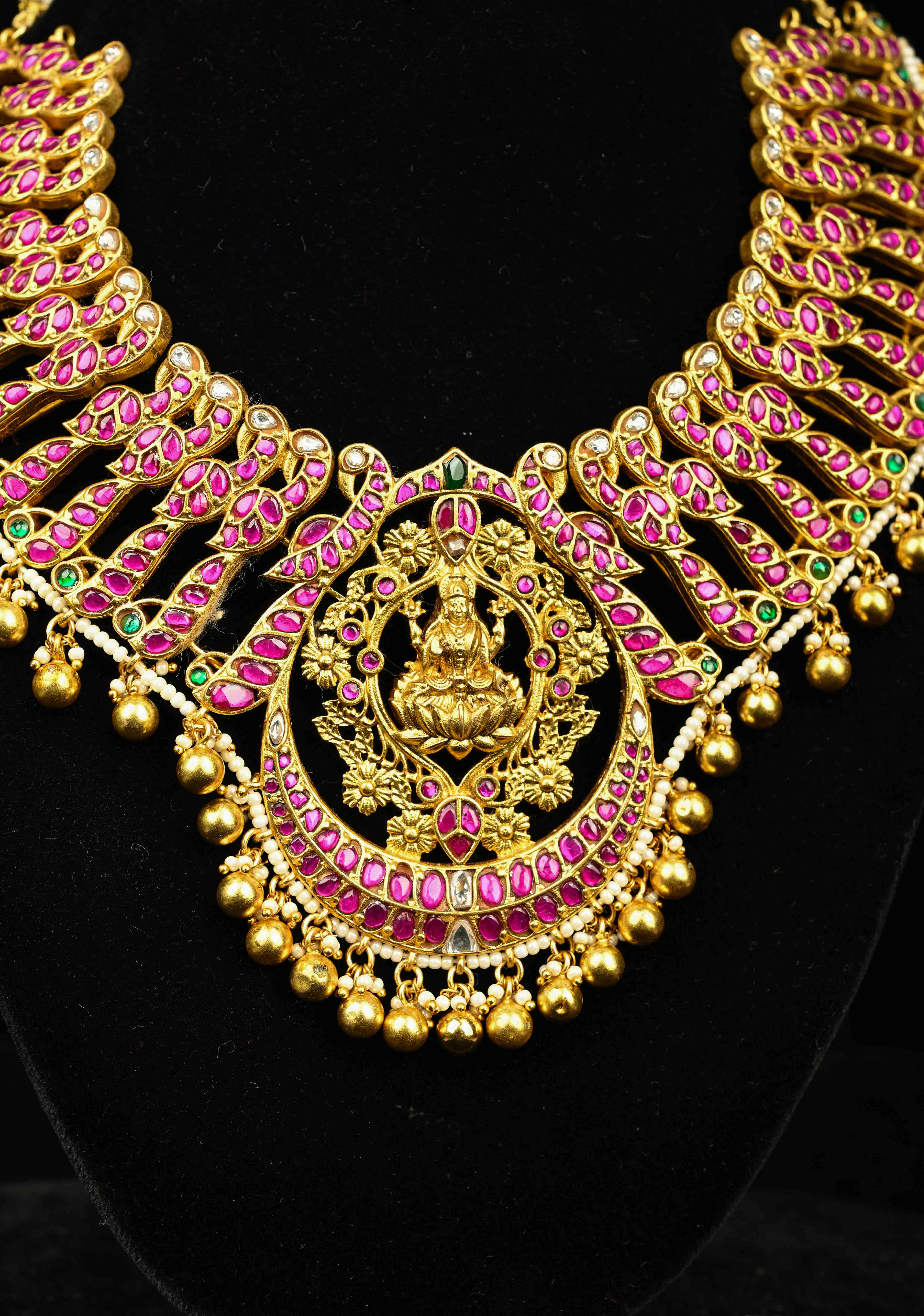 Exquisite Closed Neck Jadau Necklace with lakshmi Pendant and Dangling Pearls, No Earrings | Shobitam jewelry