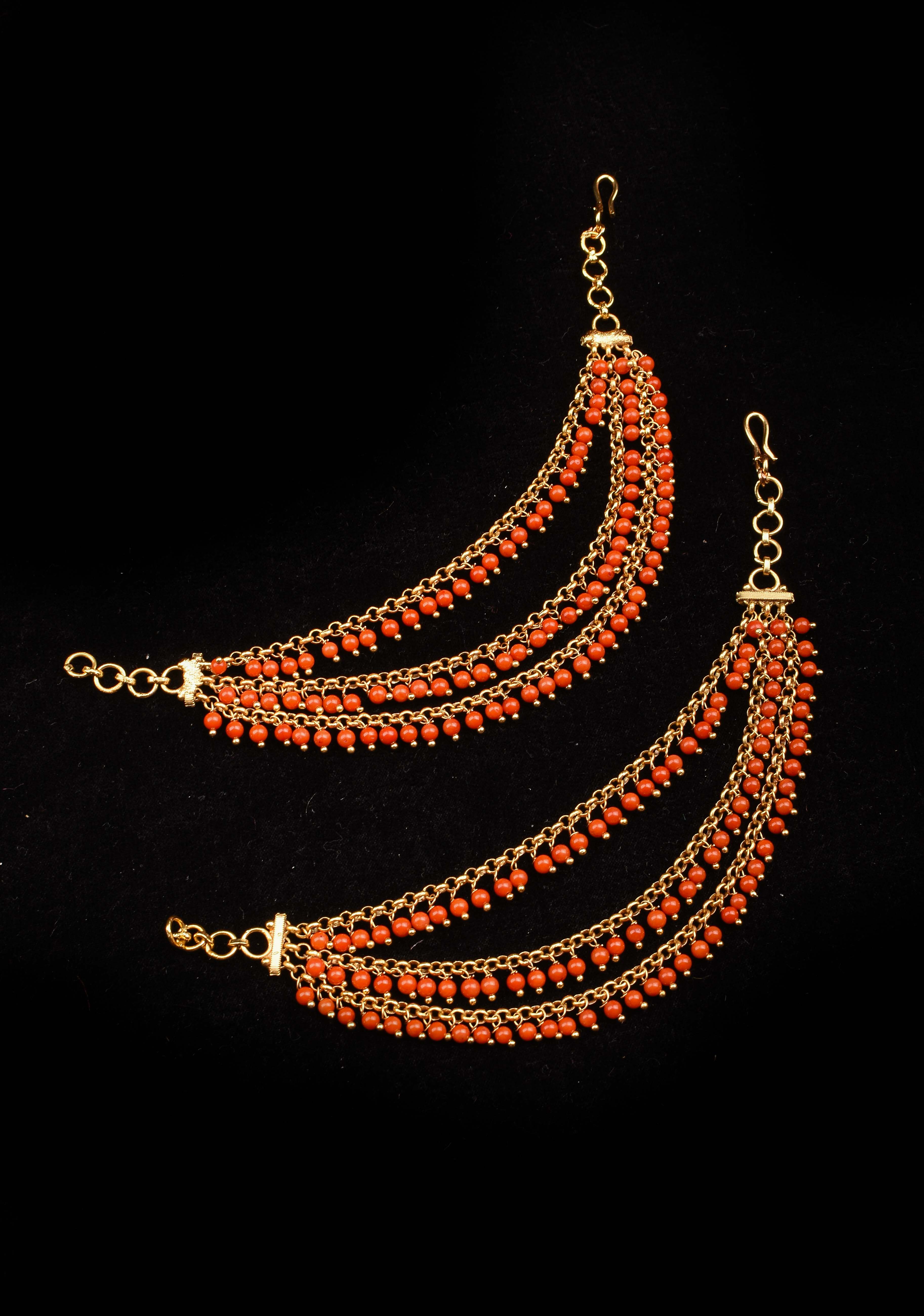 Three-Layered Red Beads Ear Chain | Shobitam Jewelry