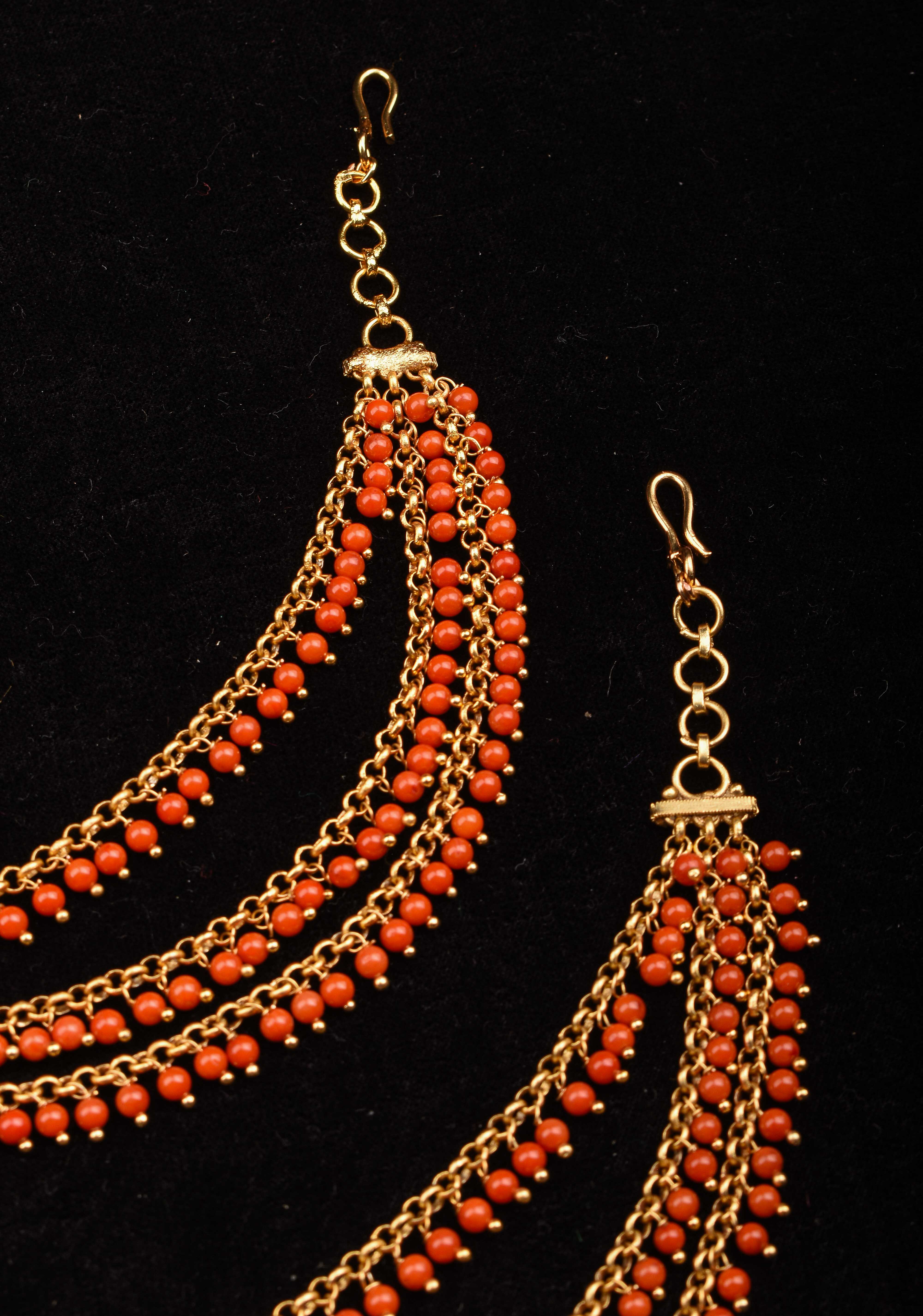 Three-Layered Red Beads Ear Chain | Shobitam Jewelry