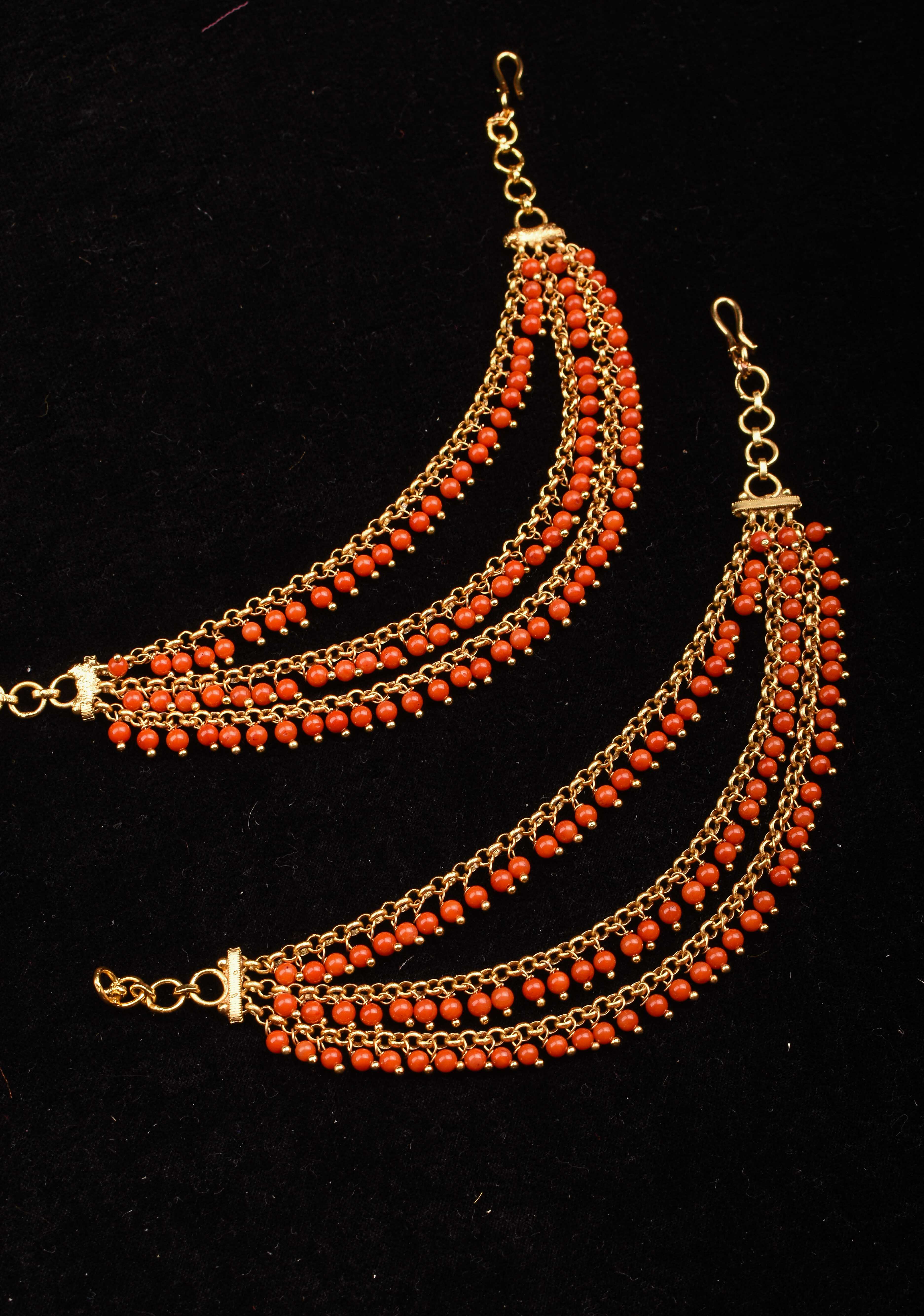 Three-Layered Red Beads Ear Chain | Shobitam Jewelry