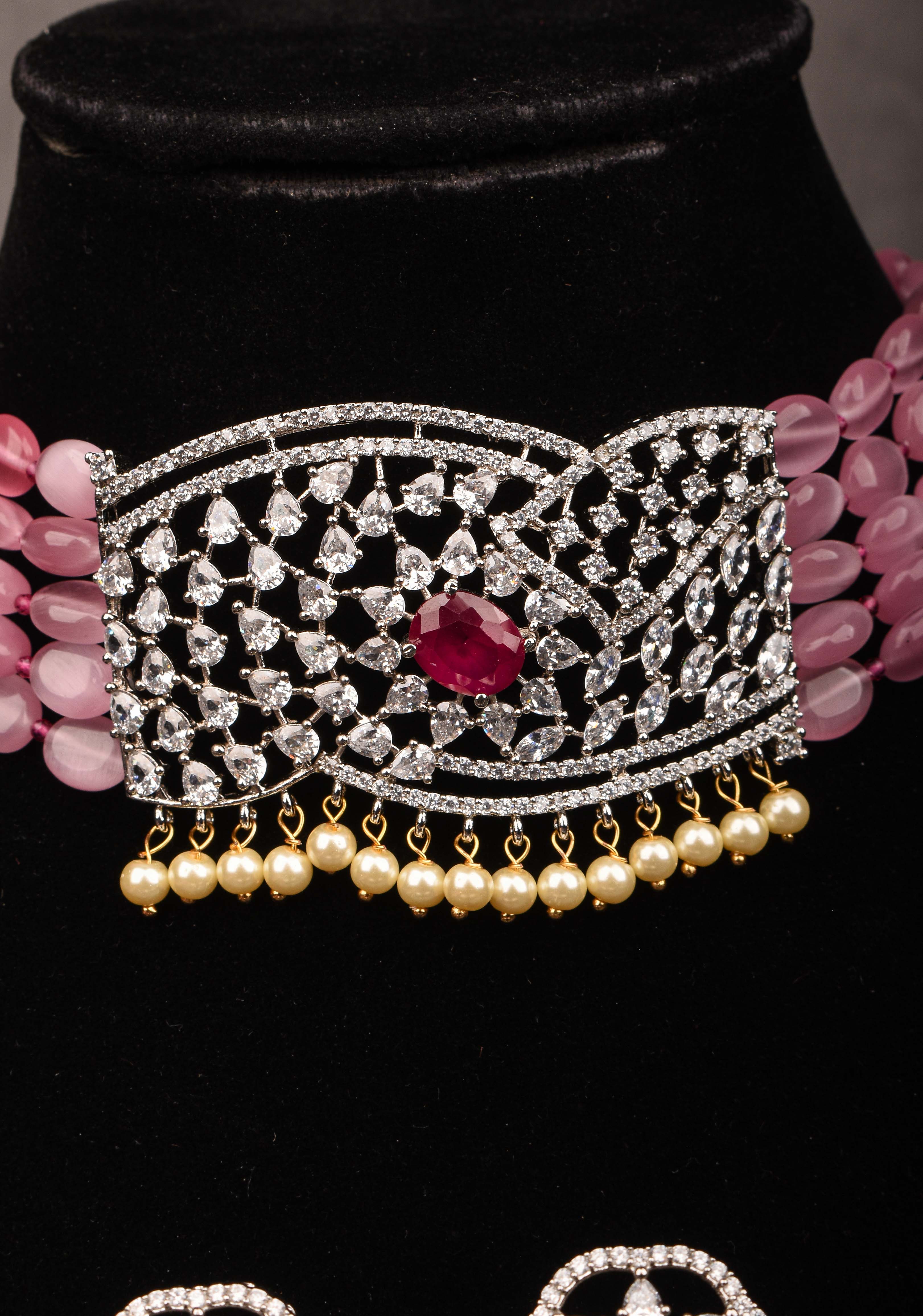 Victorian Pendant with Translucent Pink Oval Shape Bead Strands Choker Set | Shobitam Jewelry