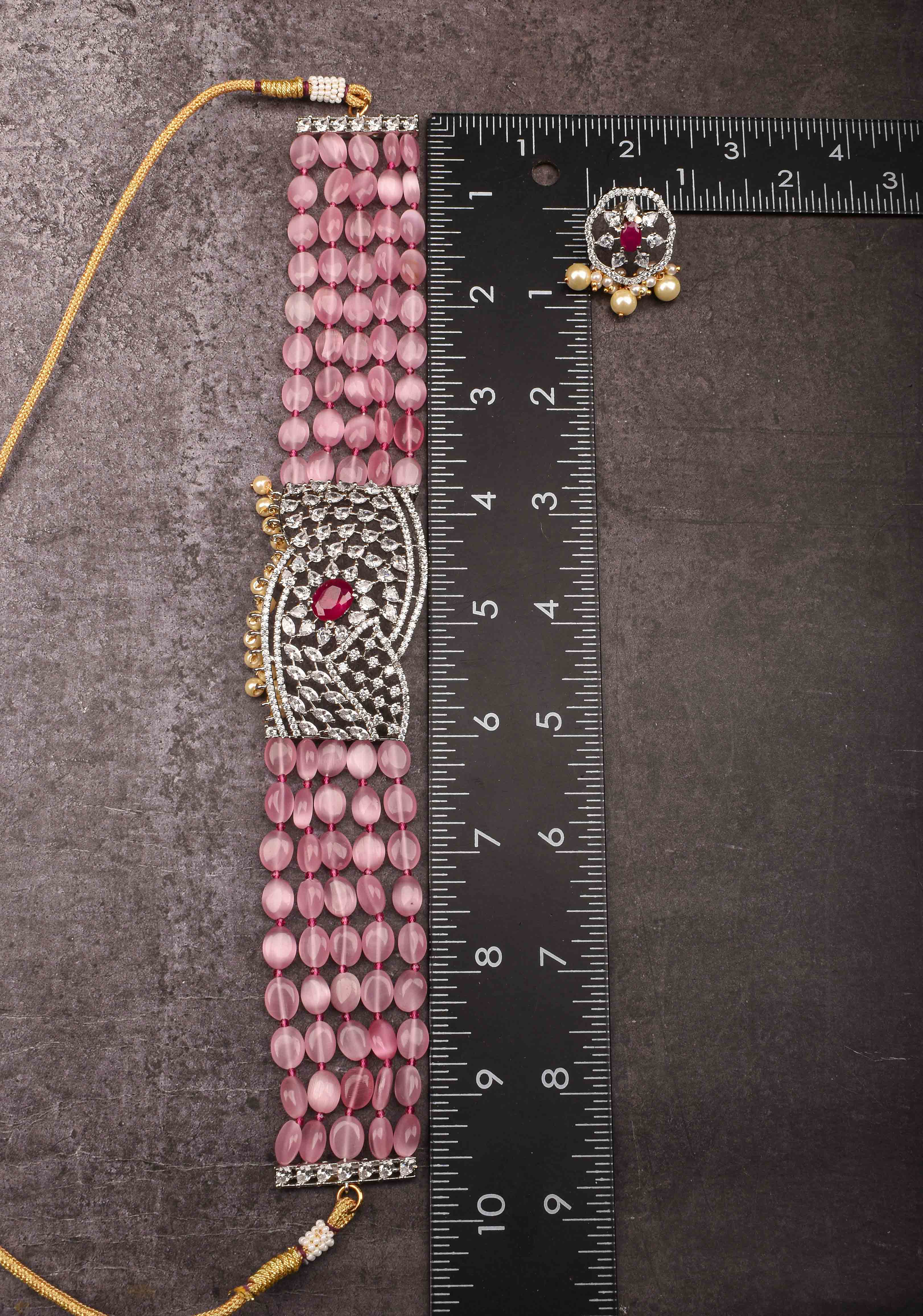 Victorian Pendant with Translucent Pink Oval Shape Bead Strands Choker Set | Shobitam Jewelry
