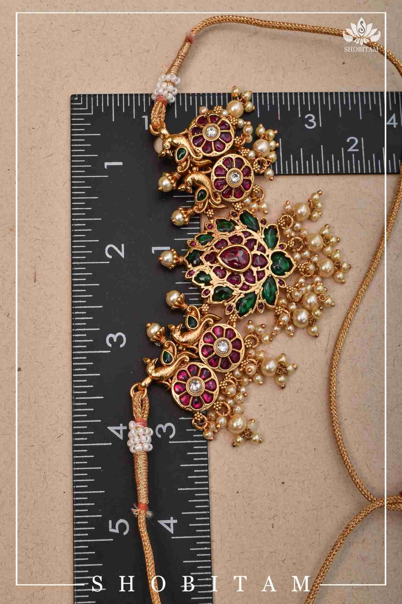 Jadau Lotus Stone Embellishment with Peacock units Choker Set In Green,Pink and white With Matching Earrings