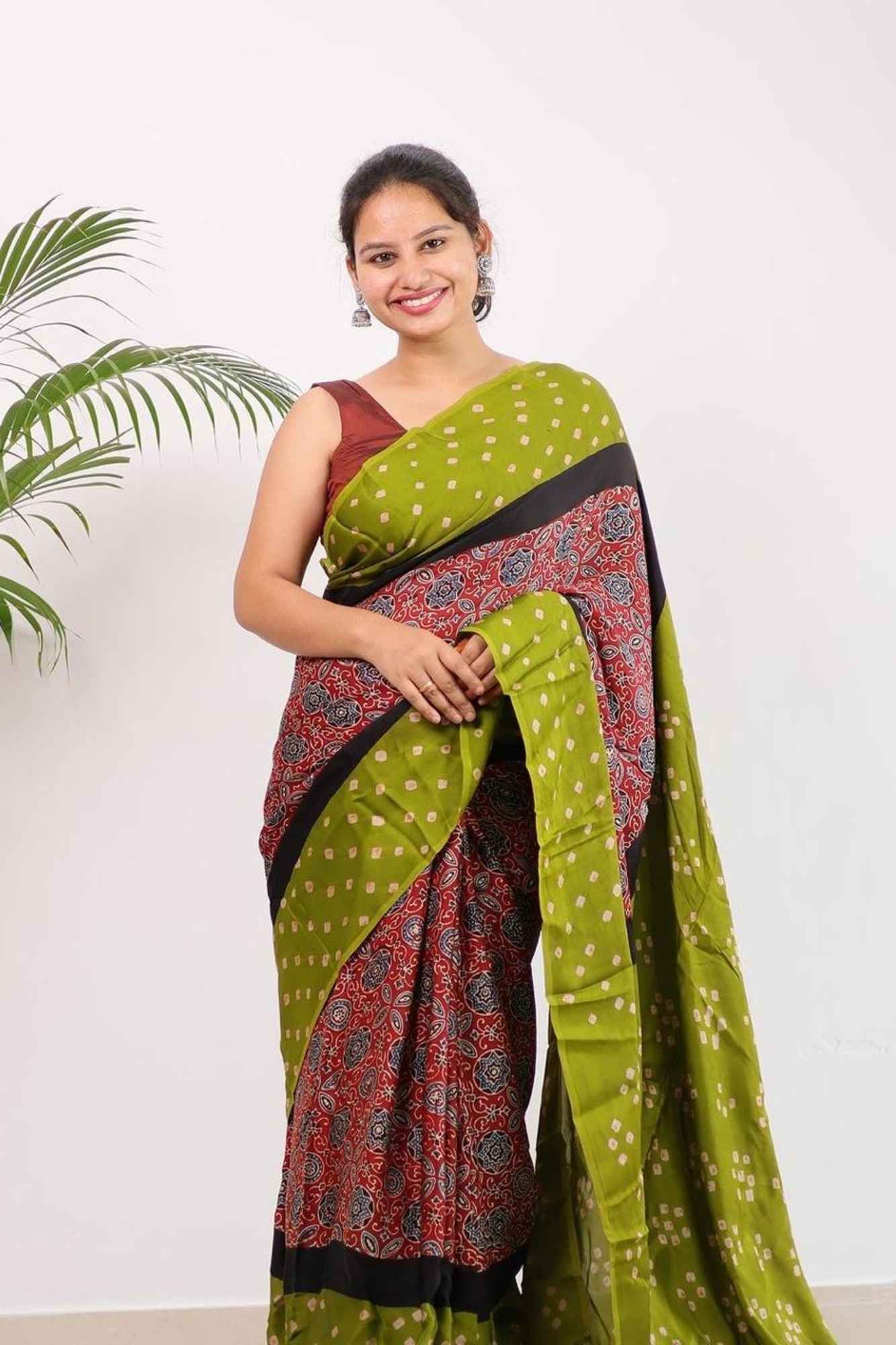 Soft Silk Green & Red Ajrakh Bandhej Ready To Wear Saree