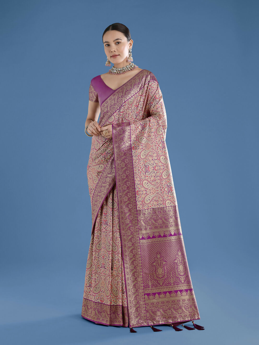 Beige Banarasi Semi Silk Saree With Traditional Paisley Weaves | Shobitam