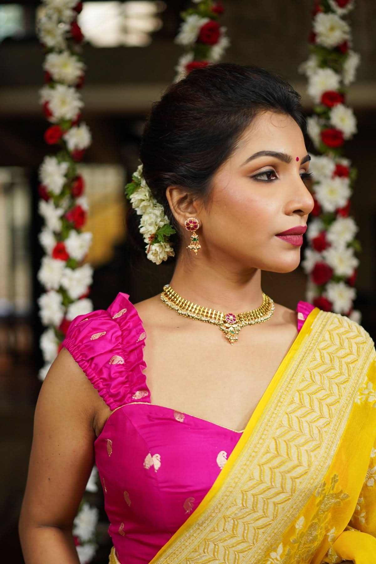 Microplated Gold Tone Flexible Design Choker Set with Floral Jadau center and dangling beads | Shobitam Jewelry