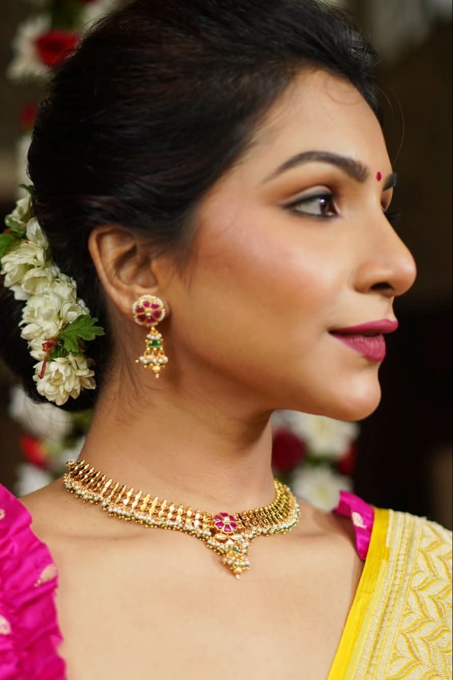 Microplated Gold Tone Flexible Design Choker Set with Floral Jadau center and dangling beads | Shobitam Jewelry