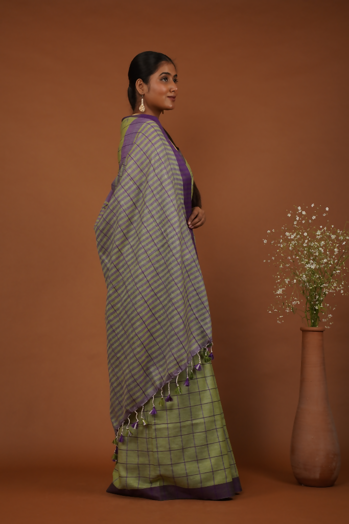 Vanika Rekha Handwoven Olive Green Cotton Saree | SHOBITAM