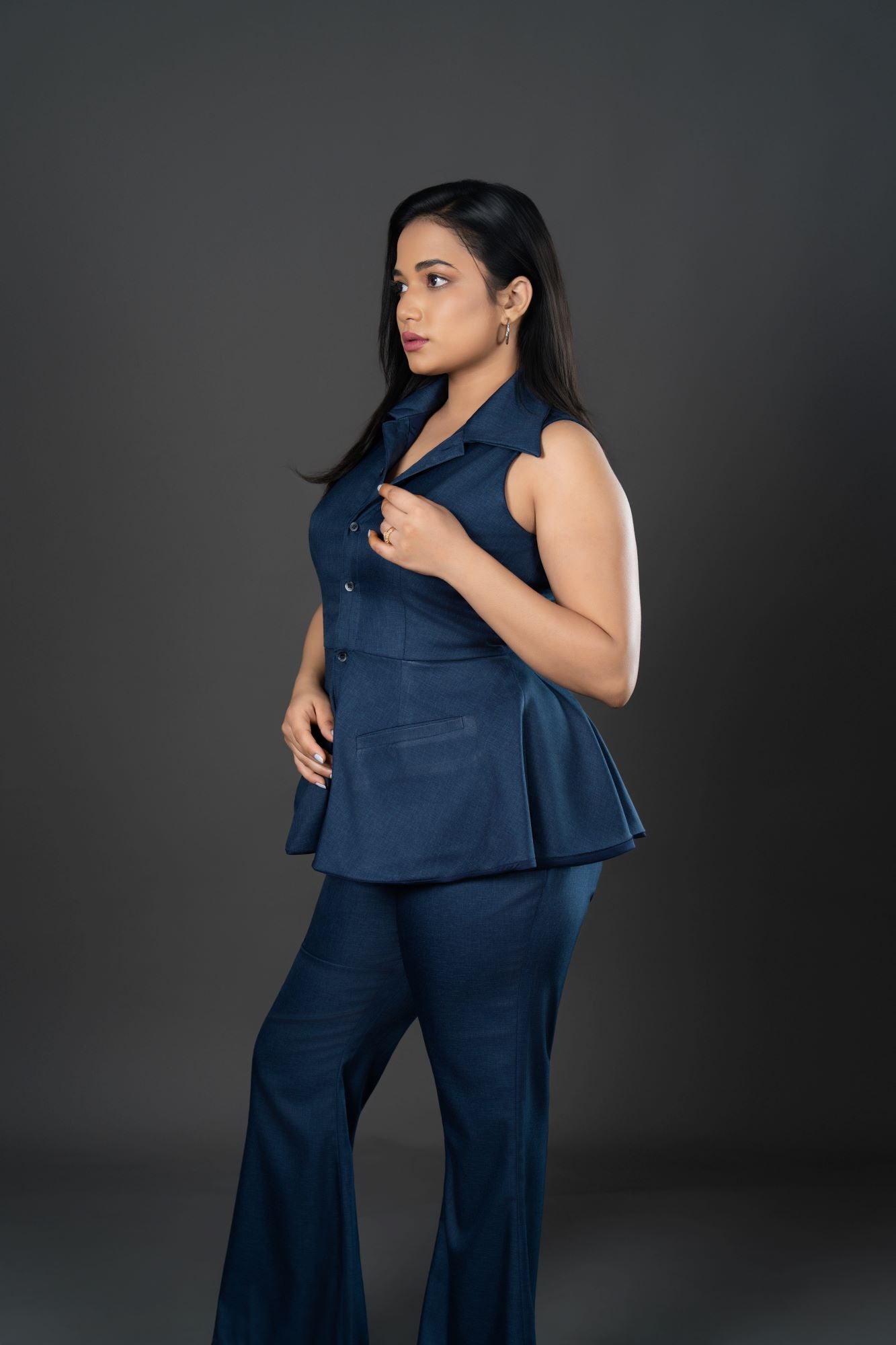 High-Waisted Tailored Trousers in Premium Poly Viscose Suiting Navy Bell Bottom Pants