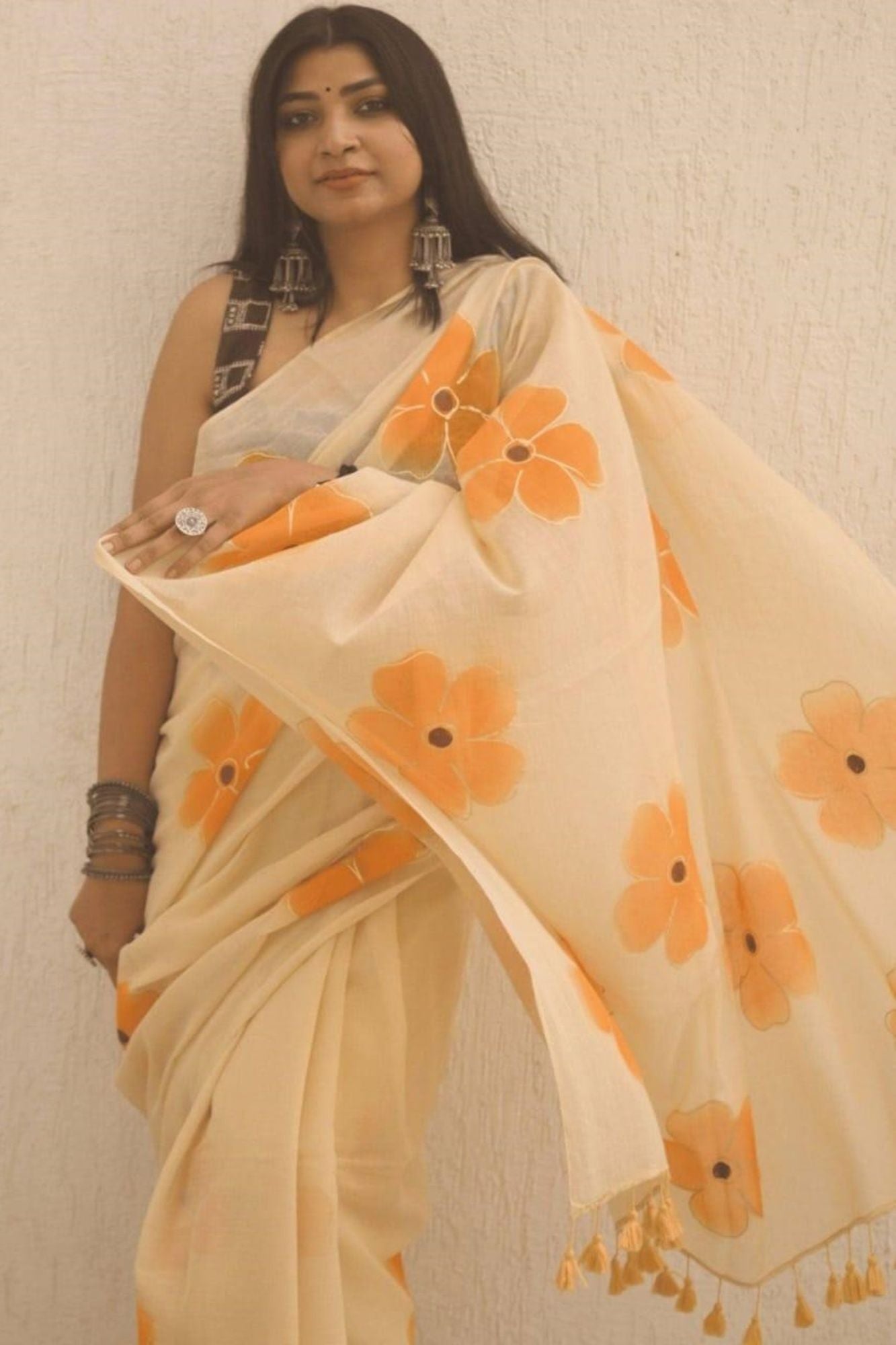 Handpainted Mulmul Cotton with Floral Prints Ready To Wear Saree