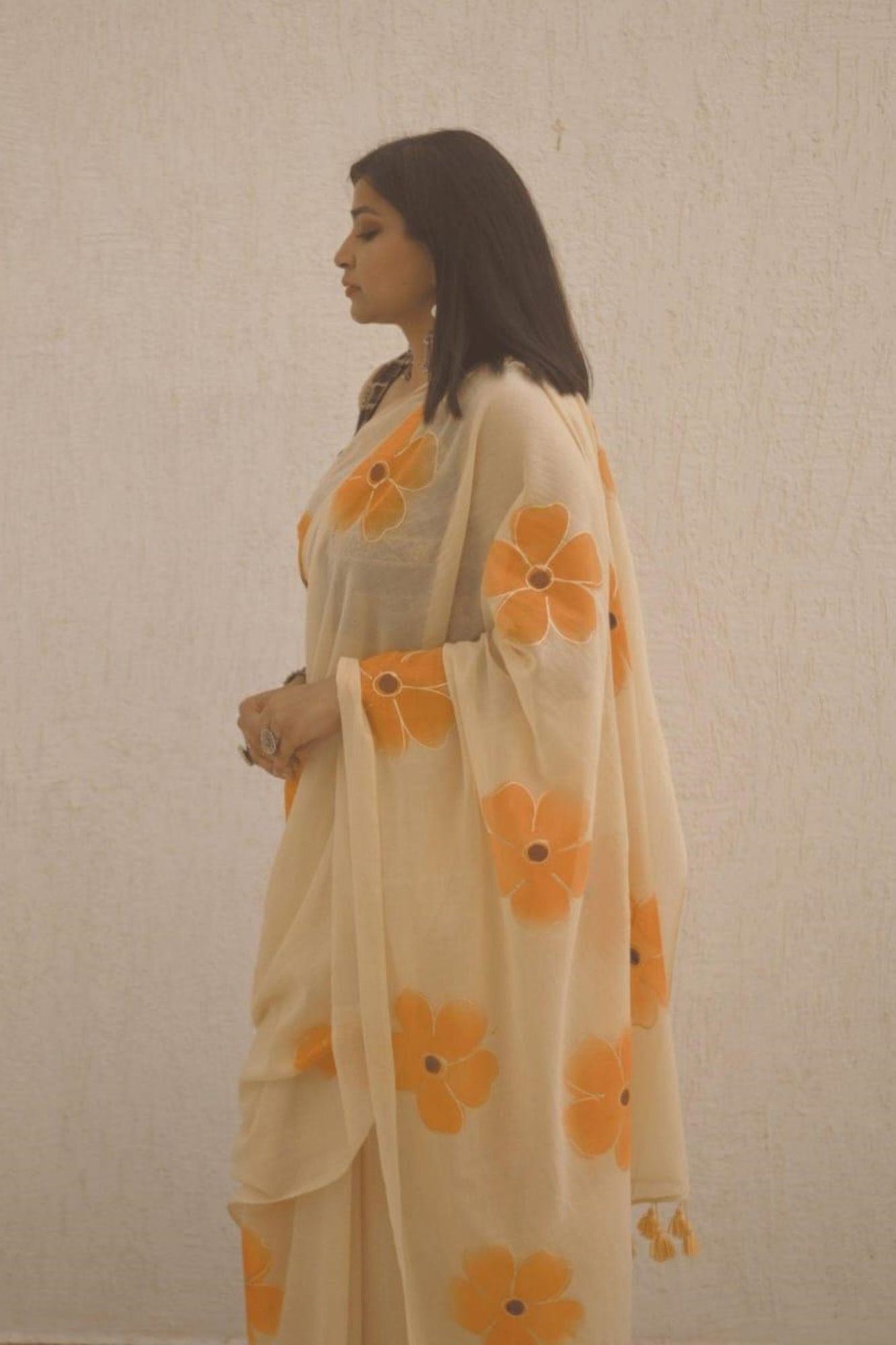 Handpainted Mulmul Cotton with Floral Prints Ready To Wear Saree