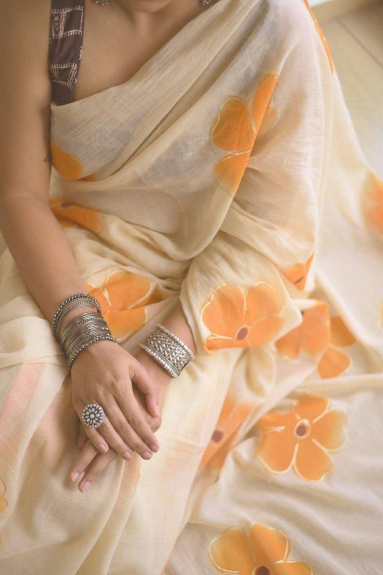 Handpainted Mulmul Cotton with Floral Prints Ready To Wear Saree