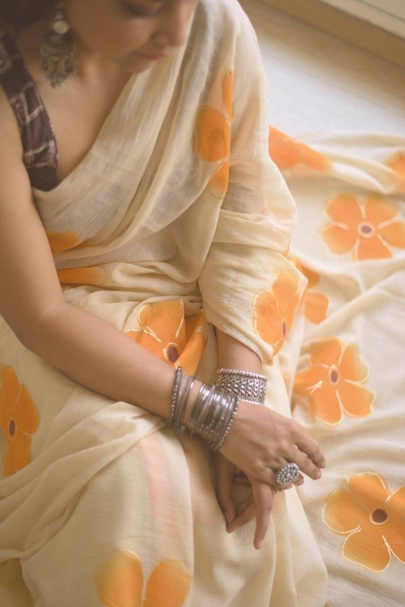 Handpainted Mulmul Cotton with Floral Prints Ready To Wear Saree