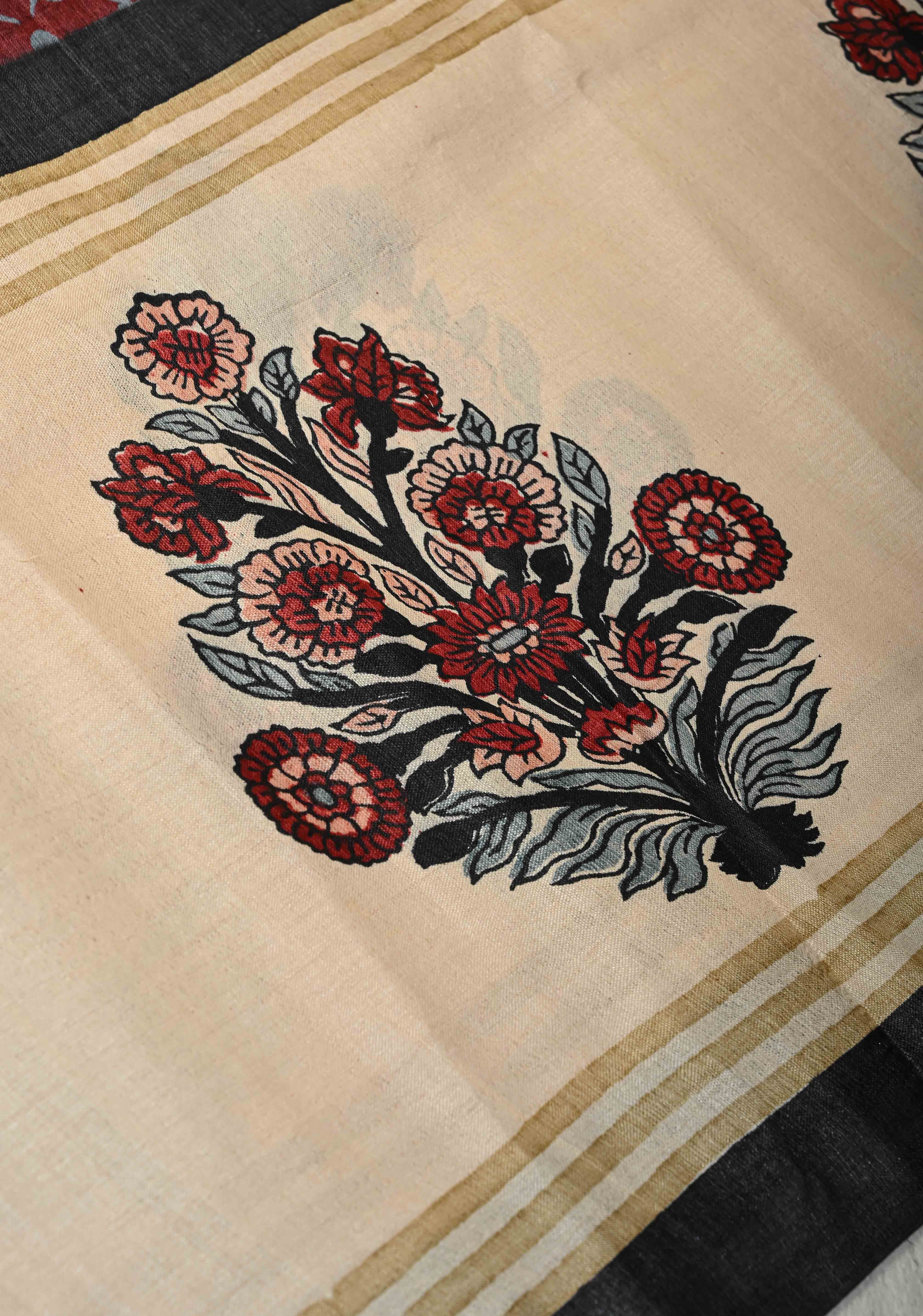 Coco Brown Pure Handloom Tussar Silk Saree with Gulmohar Block Print and Contrast Cream Border-Pallu | SILK MARK CERTIFIED | Shobitam