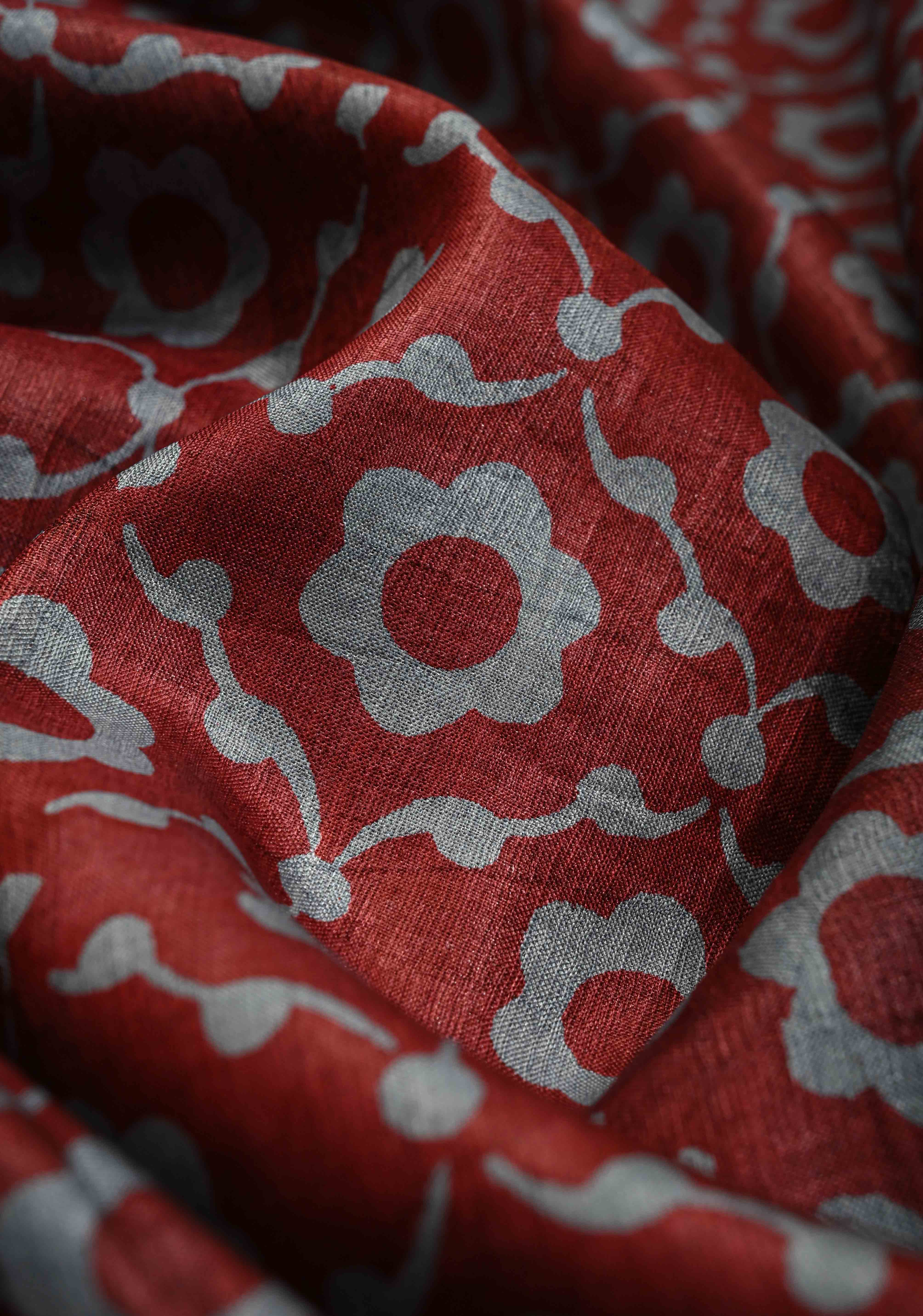 Coco Brown Pure Handloom Tussar Silk Saree with Gulmohar Block Print and Contrast Cream Border-Pallu | SILK MARK CERTIFIED | Shobitam