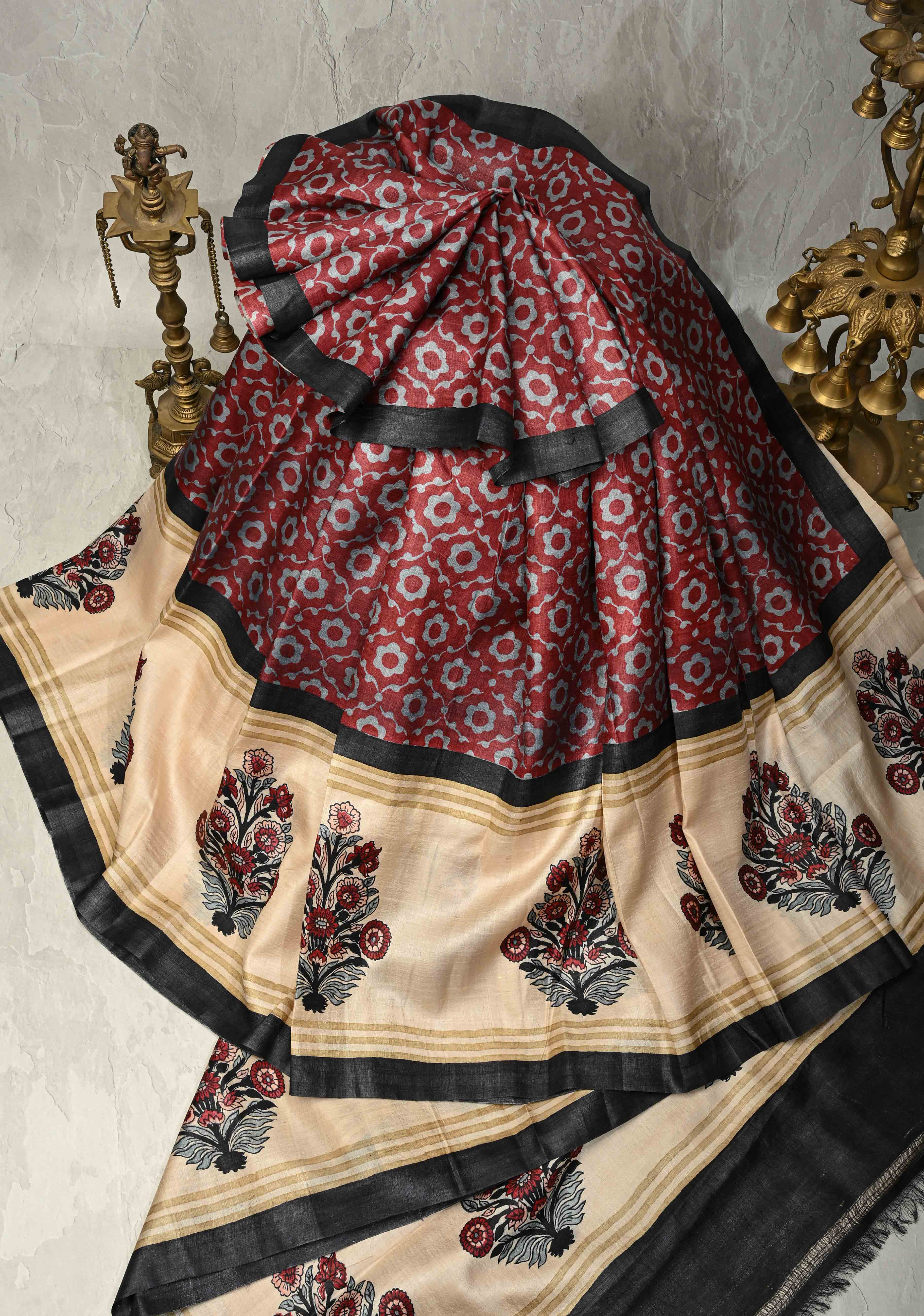 Coco Brown Pure Handloom Tussar Silk Saree with Gulmohar Block Print and Contrast Cream Border-Pallu | SILK MARK CERTIFIED | Shobitam