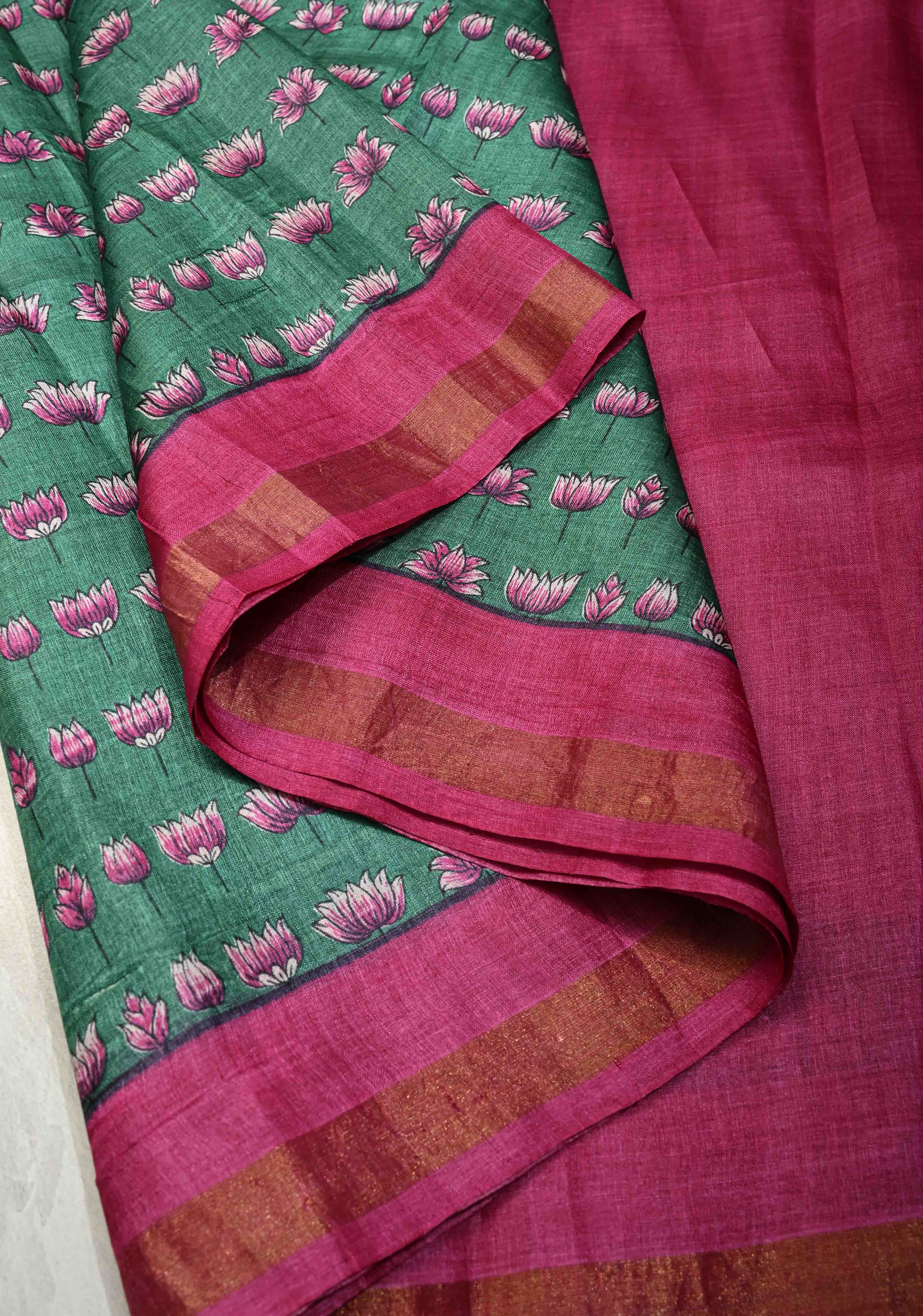 Cactus Green Pure Handloom Tussar Silk saree with Hand Block Print with Contrast Minimal Zari Border | SILK MARK CERTIFIED | Shobitam