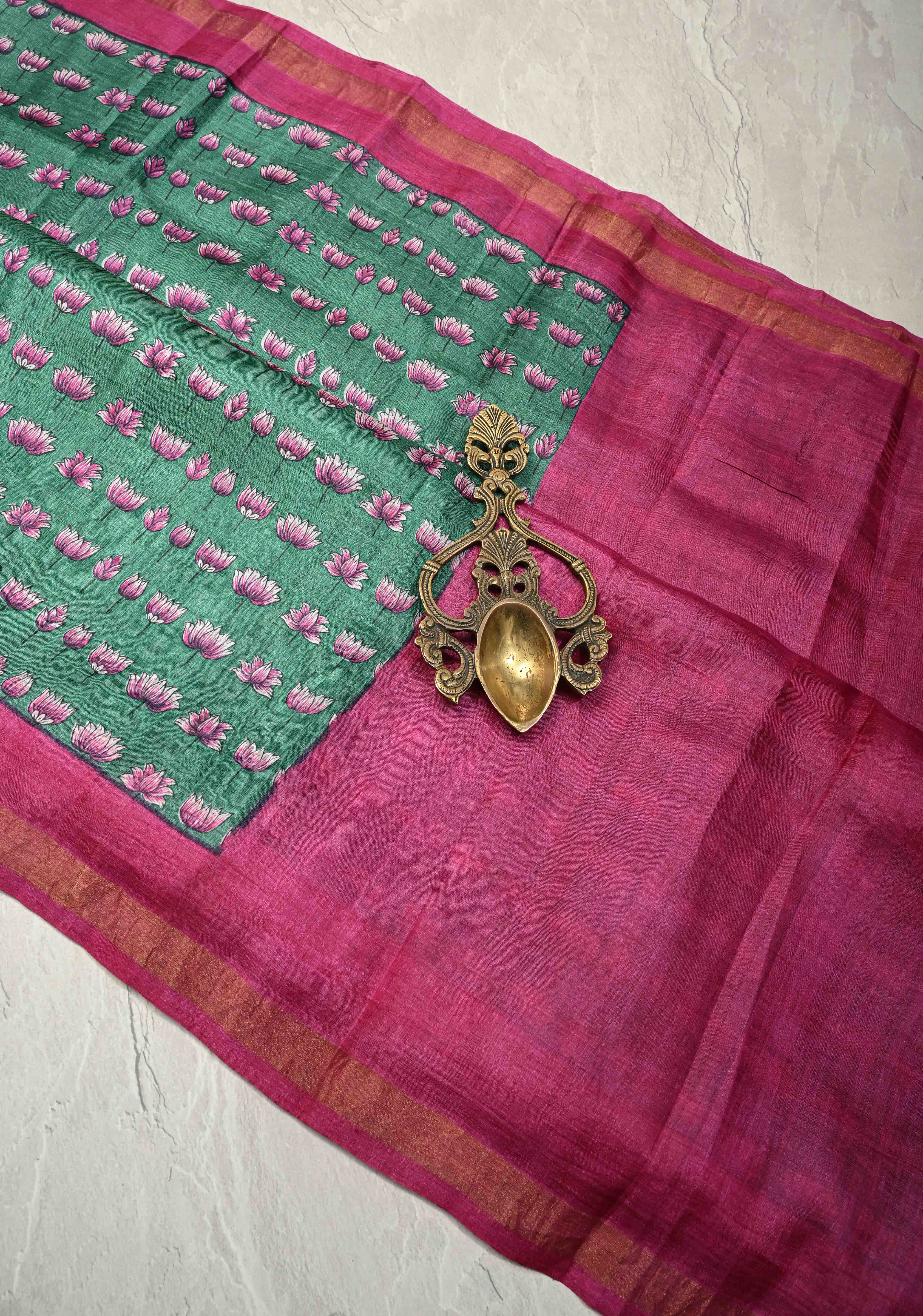 Cactus Green Pure Handloom Tussar Silk saree with Hand Block Print with Contrast Minimal Zari Border | SILK MARK CERTIFIED | Shobitam