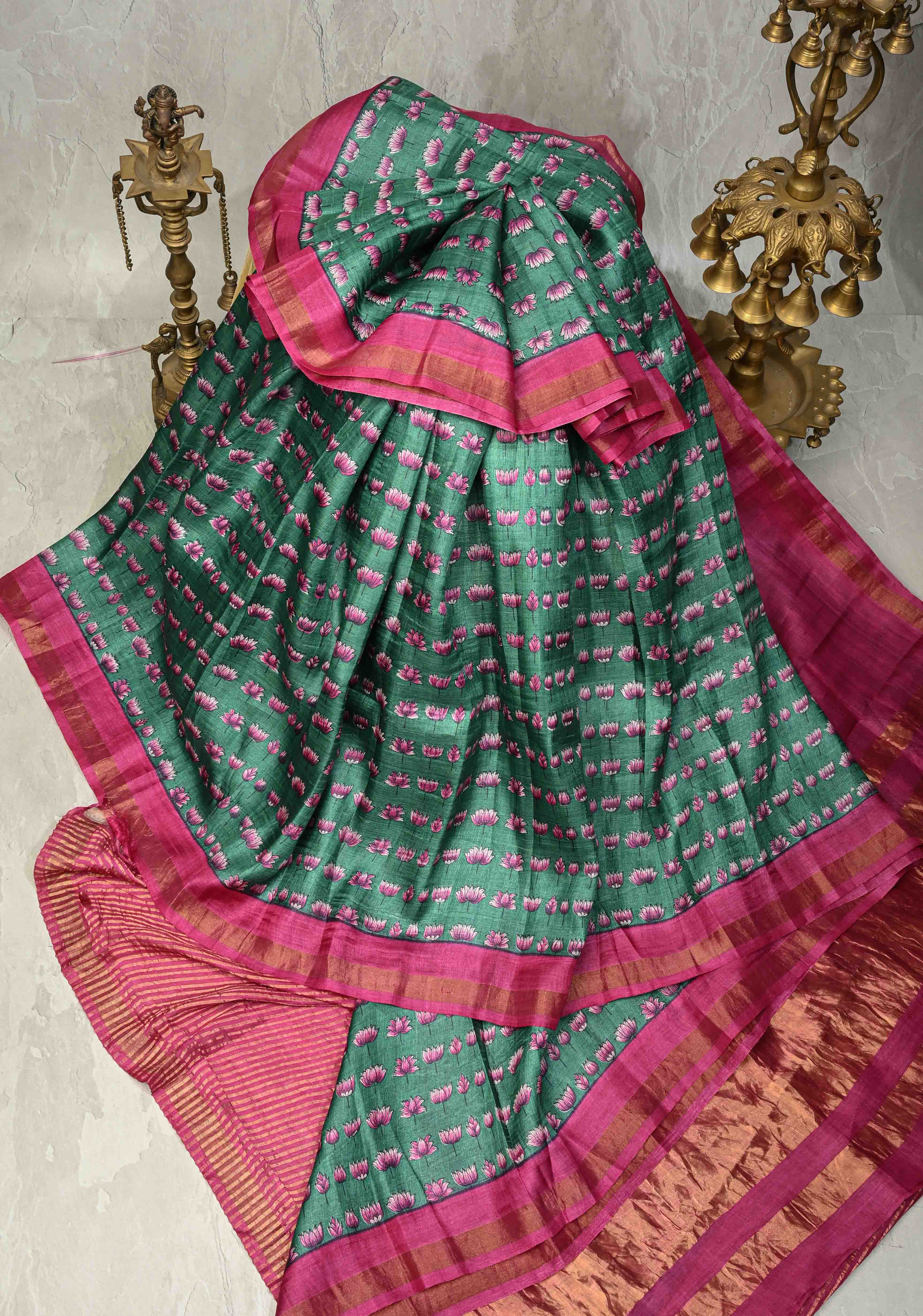 Cactus Green Pure Handloom Tussar Silk saree with Hand Block Print with Contrast Minimal Zari Border | SILK MARK CERTIFIED | Shobitam