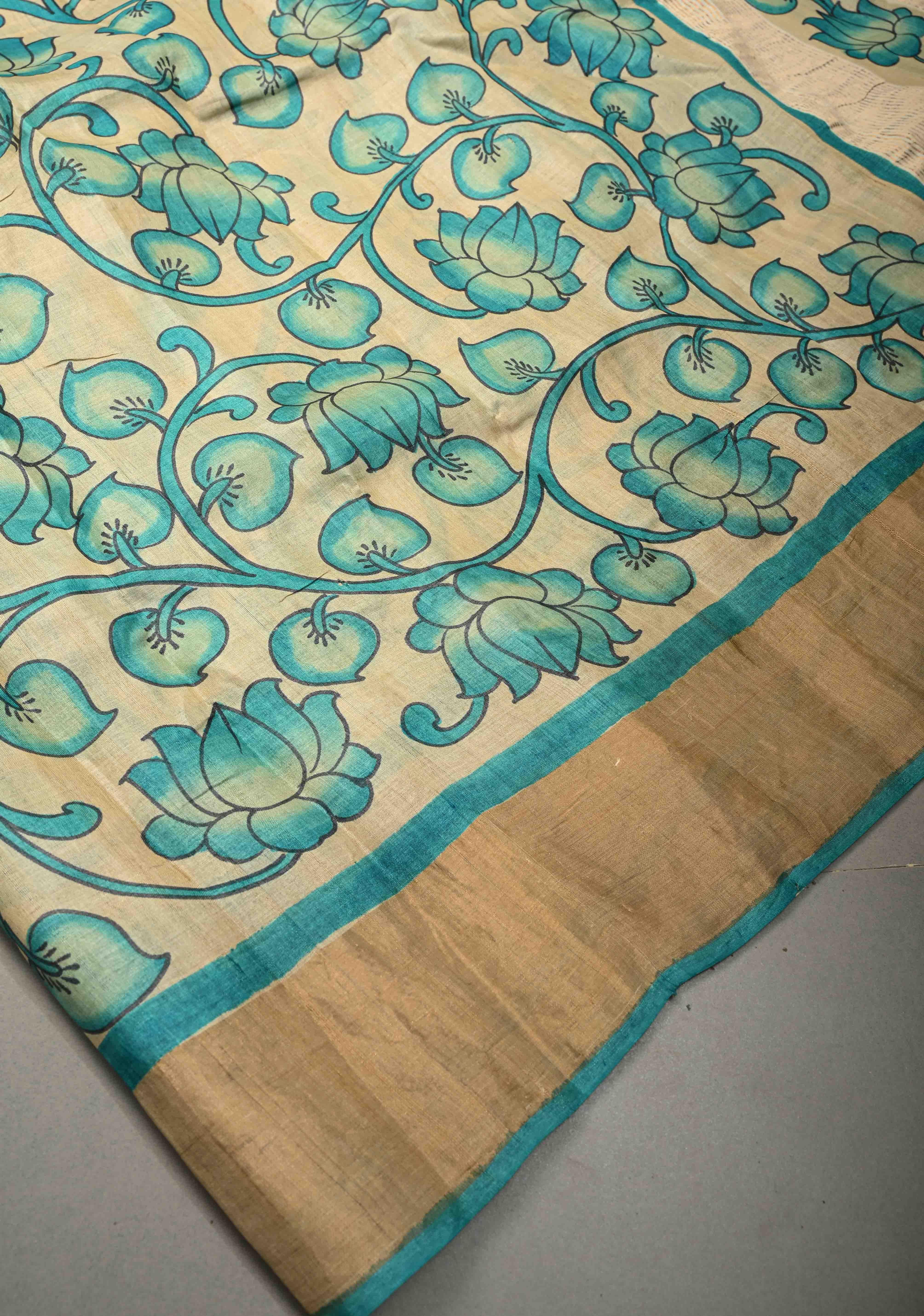 Beige Jari Tussar Saree with Floral Kalamkari Hand Painted and Zari Border | SILK MARK CERTIFIED | Shobitam