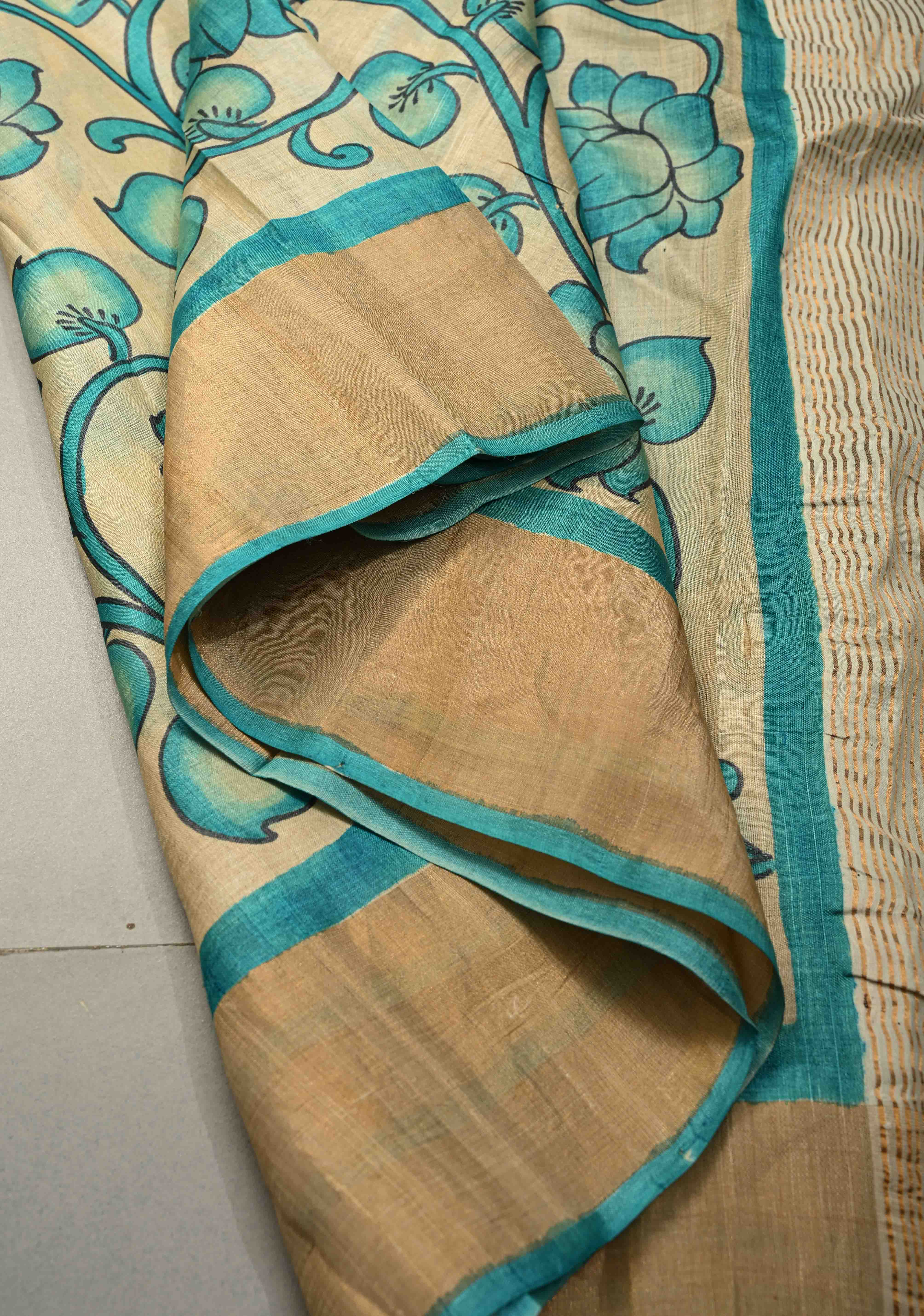 Beige Jari Tussar Saree with Floral Kalamkari Hand Painted and Zari Border | SILK MARK CERTIFIED | Shobitam