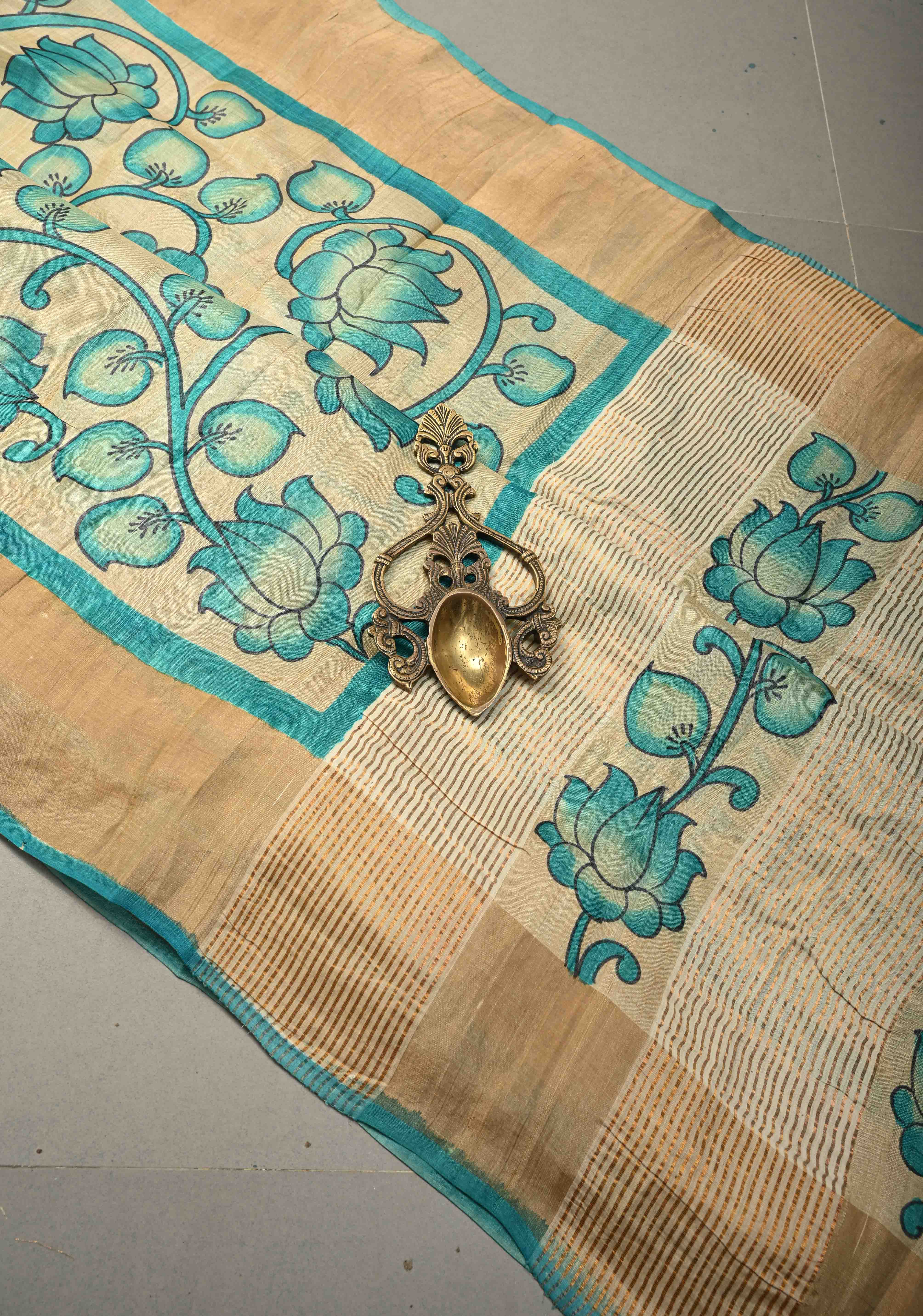 Beige Jari Tussar Saree with Floral Kalamkari Hand Painted and Zari Border | SILK MARK CERTIFIED | Shobitam