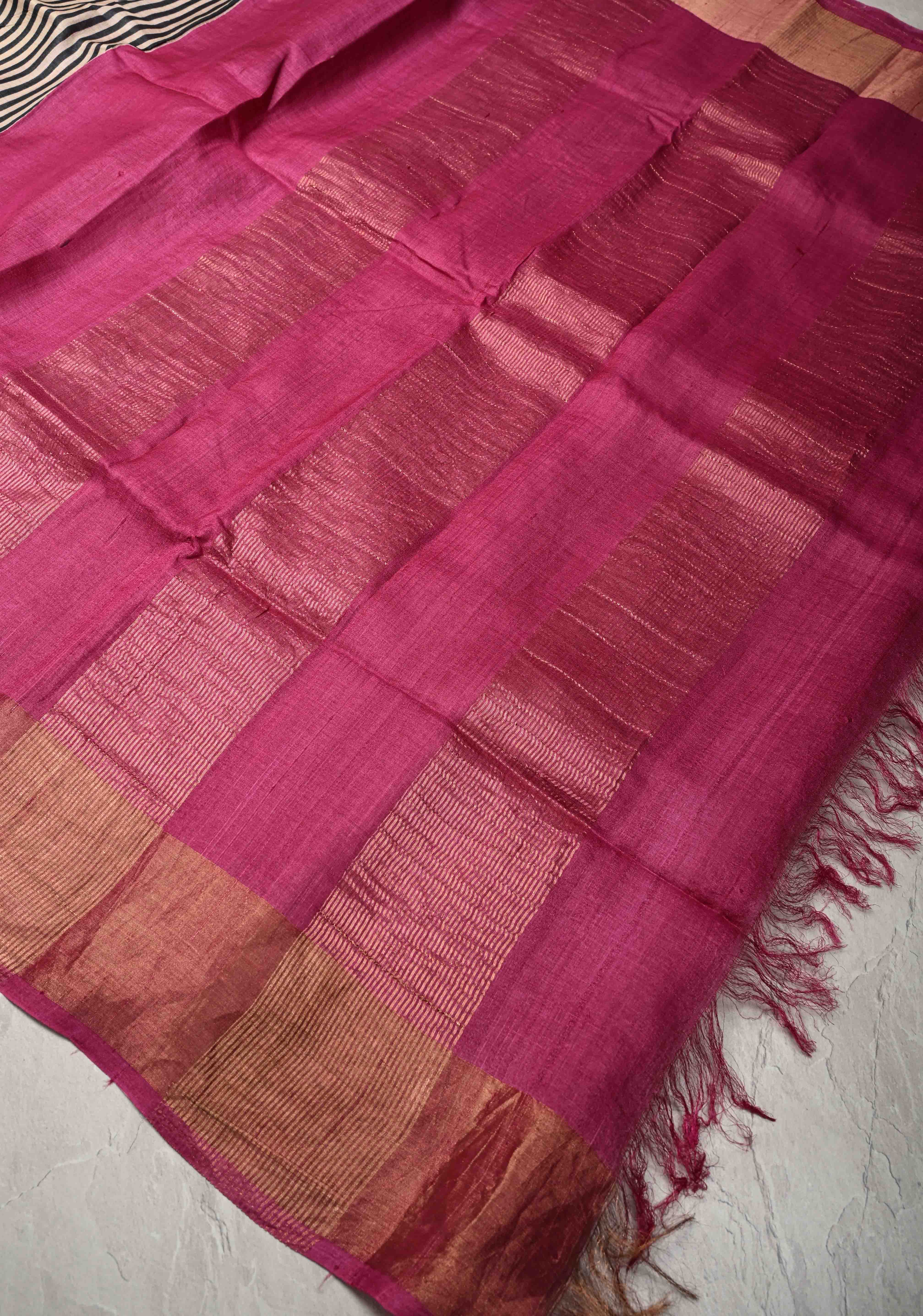 Black-Beige Jari Tussar Silk Saree with Hand block Stripes Pattern and Zari Border | SILK MARK CERTIFIED | Shobitam