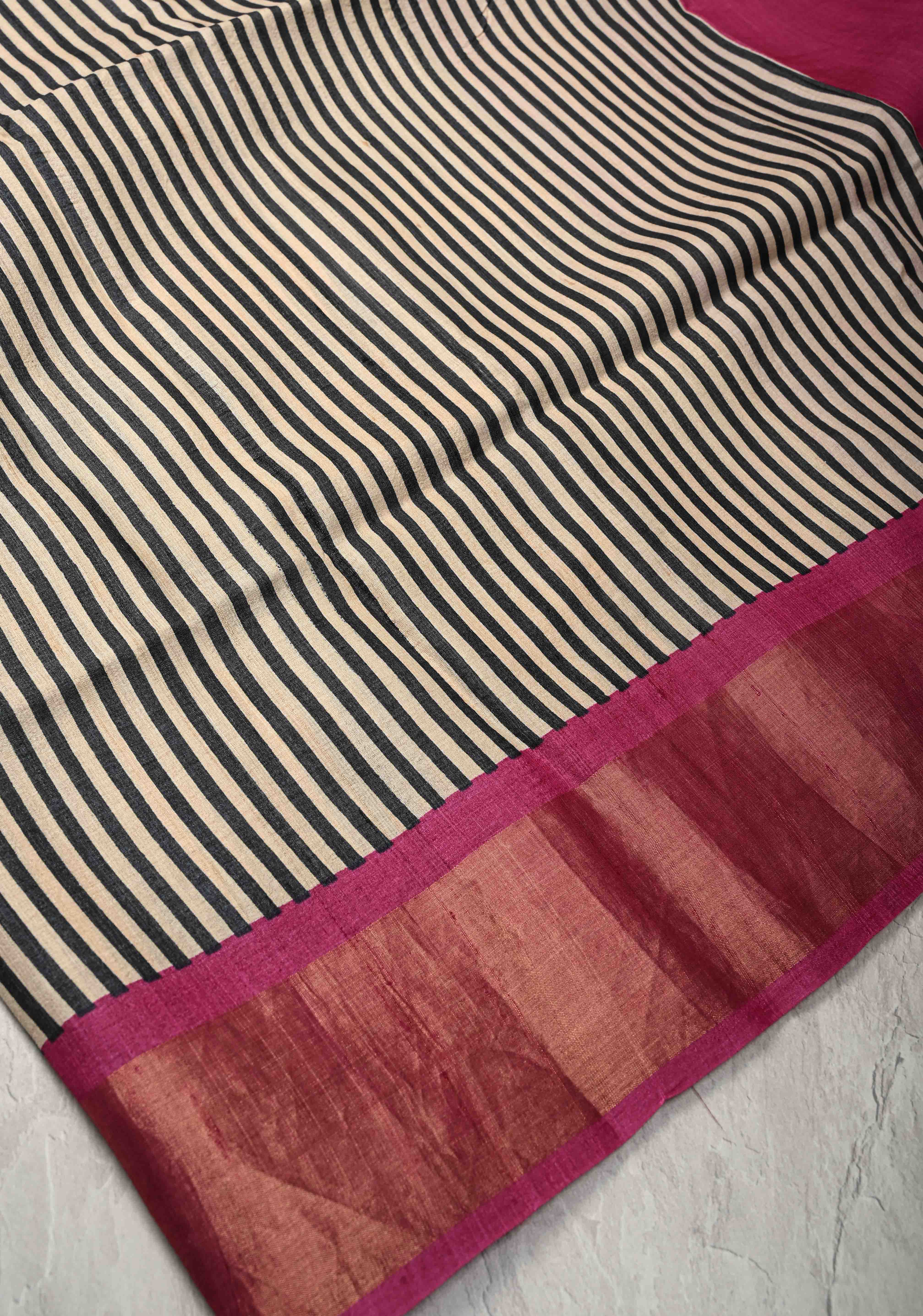 Black-Beige Jari Tussar Silk Saree with Hand block Stripes Pattern and Zari Border | SILK MARK CERTIFIED | Shobitam