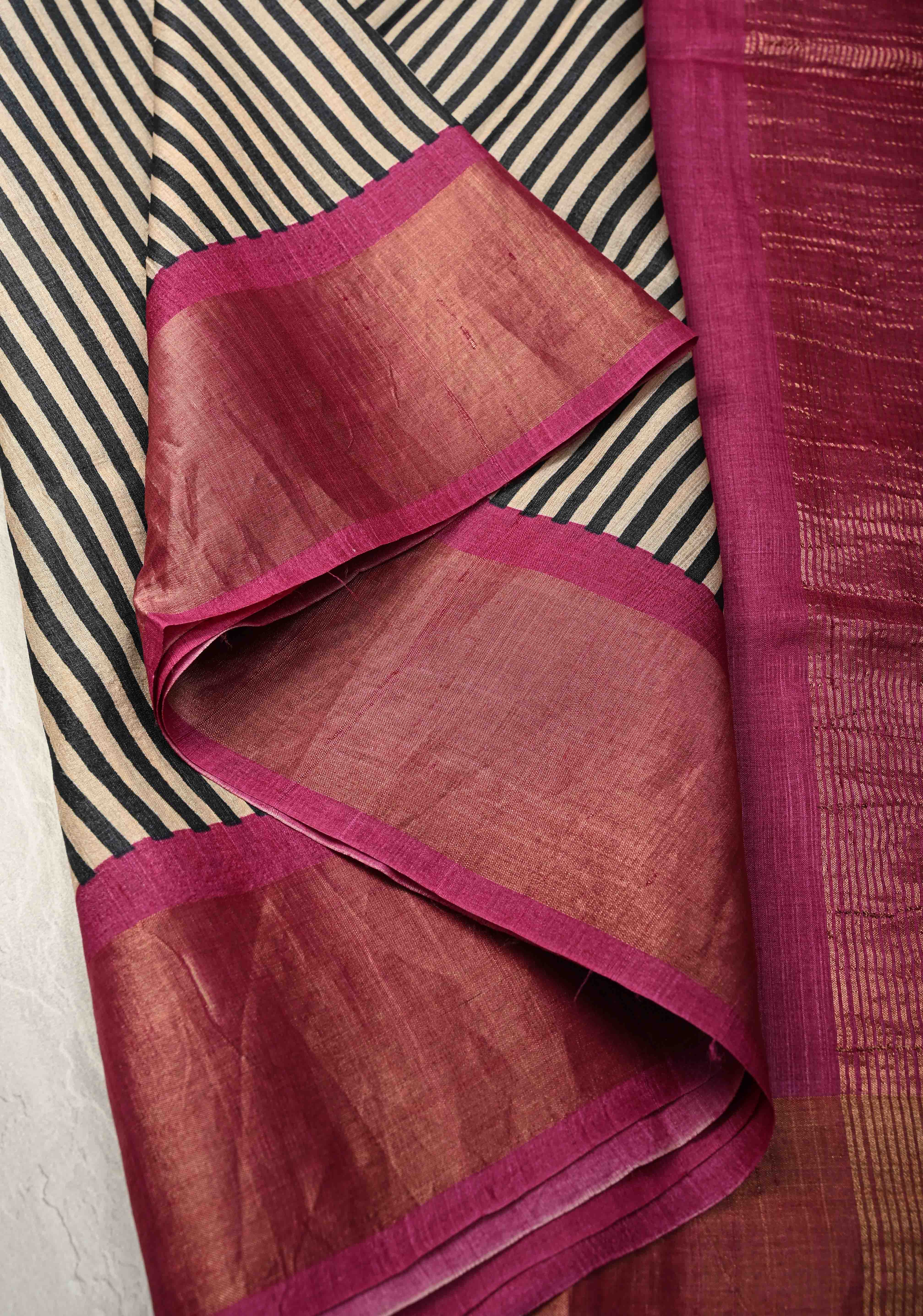 Black-Beige Jari Tussar Silk Saree with Hand block Stripes Pattern and Zari Border | SILK MARK CERTIFIED | Shobitam