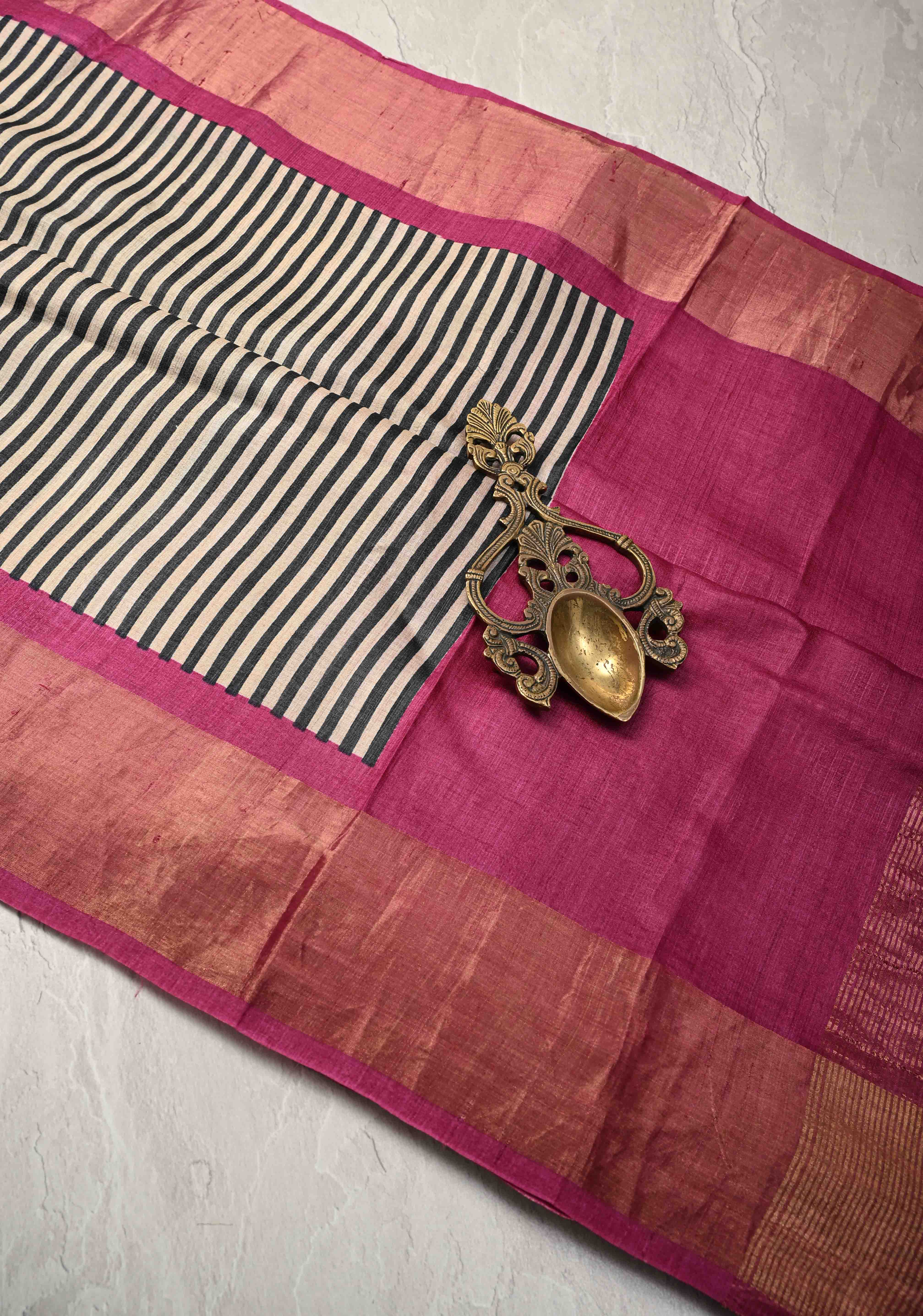 Black-Beige Jari Tussar Silk Saree with Hand block Stripes Pattern and Zari Border | SILK MARK CERTIFIED | Shobitam