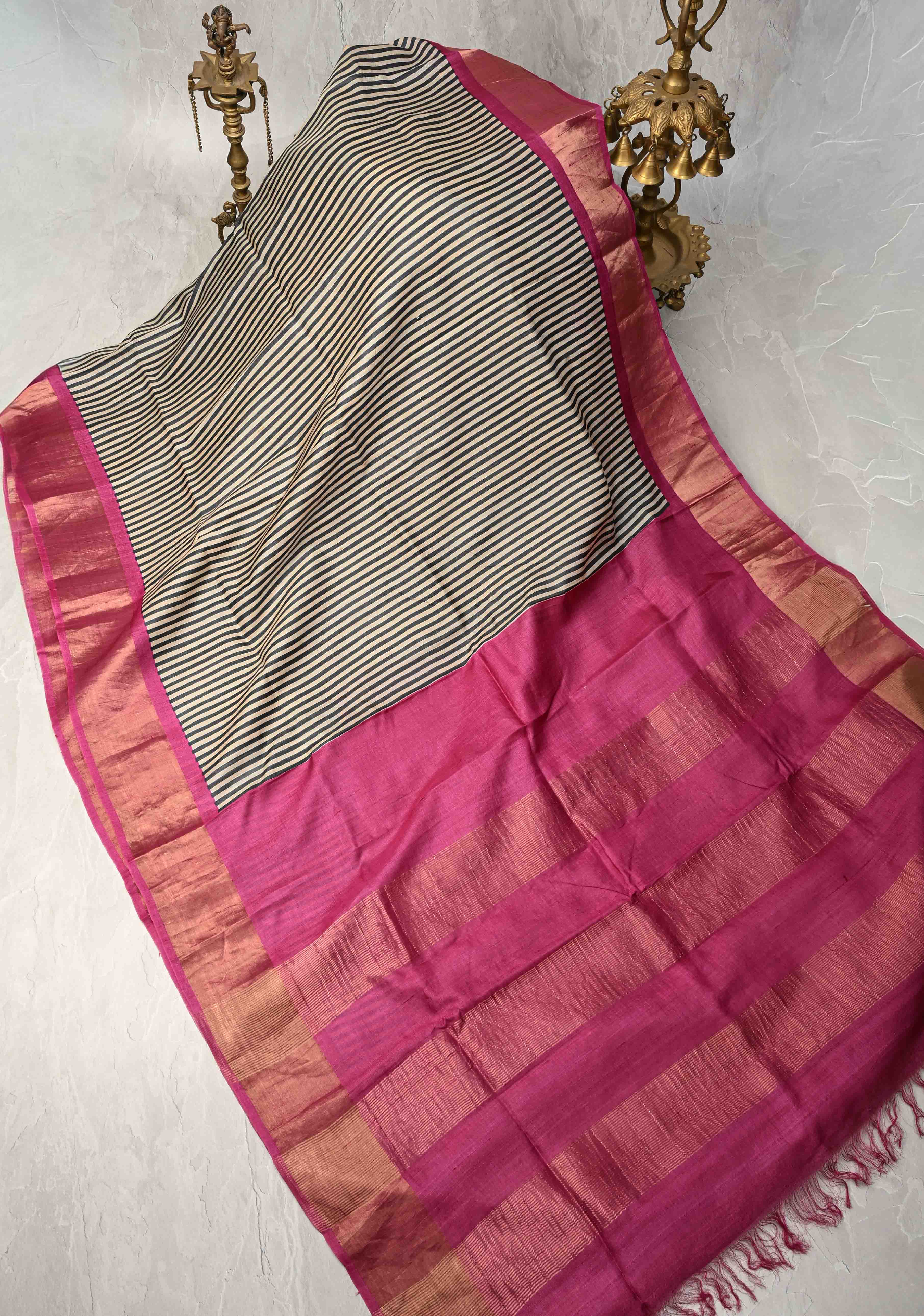 Black-Beige Jari Tussar Silk Saree with Hand block Stripes Pattern and Zari Border | SILK MARK CERTIFIED | Shobitam