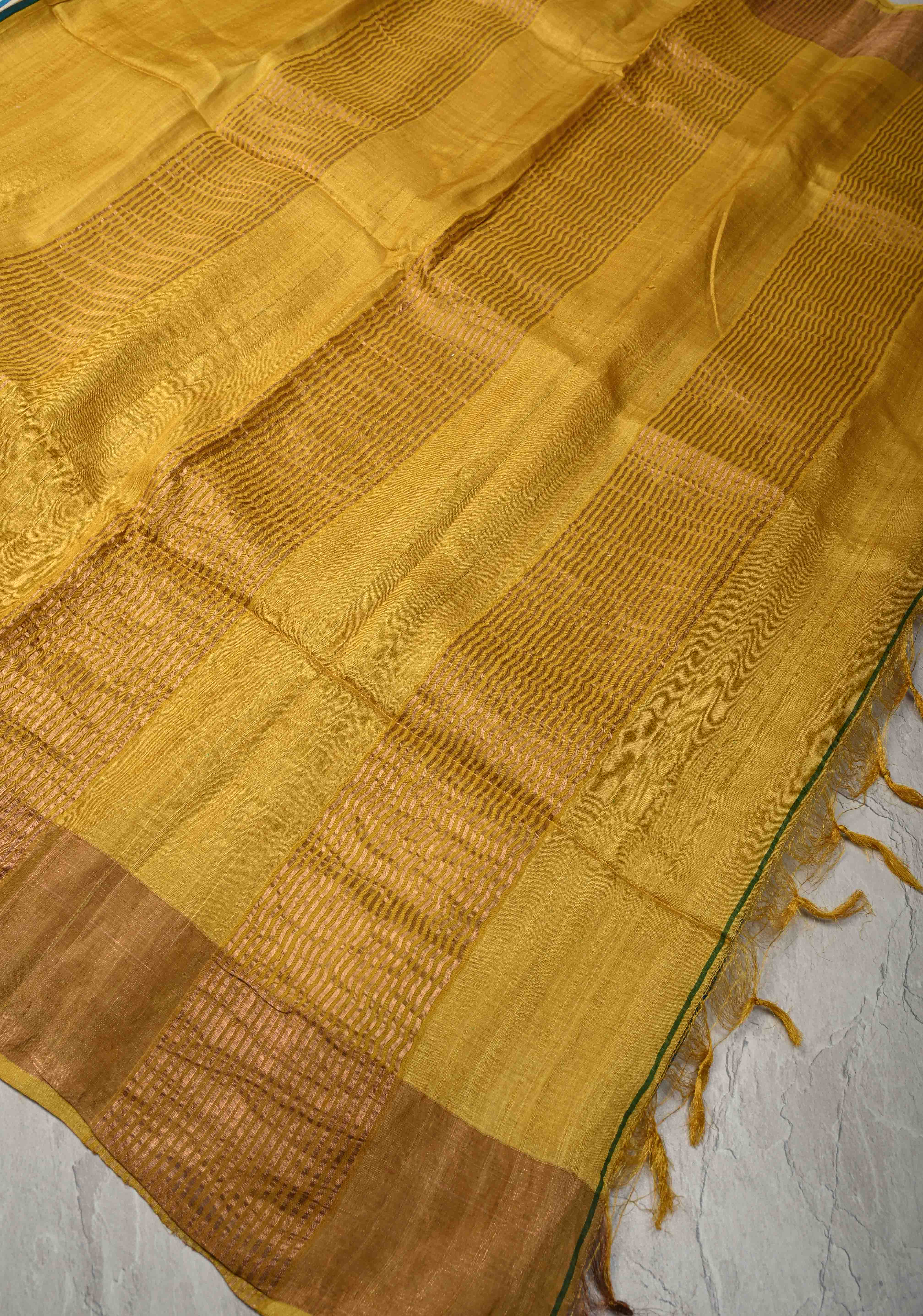 Beige-Blue Jari Tussar Silk Saree with Handblock Stripes and Zari Border | SILK MARK CERTIFIED | Shobitam