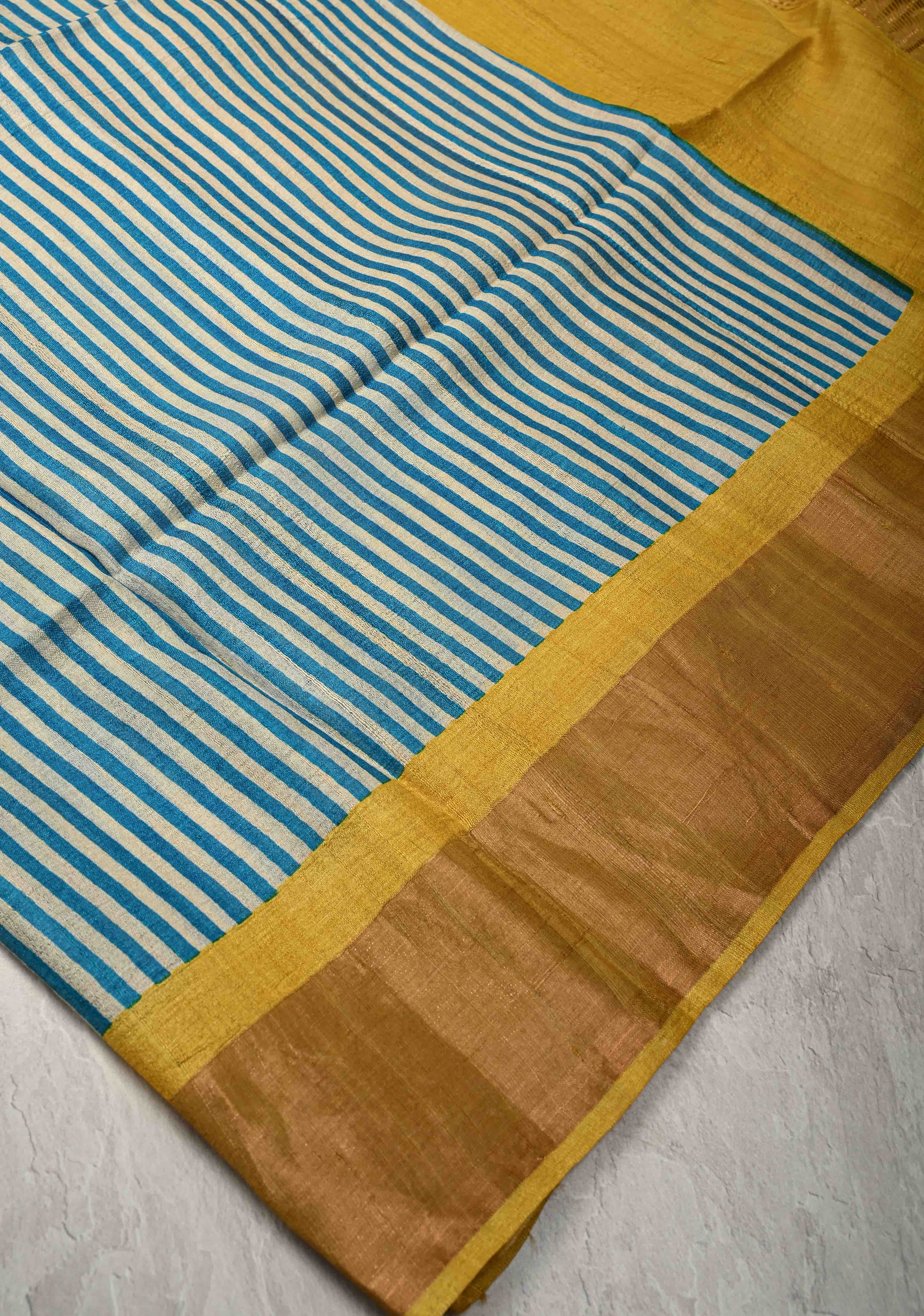 Beige-Blue Jari Tussar Silk Saree with Handblock Stripes and Zari Border | SILK MARK CERTIFIED | Shobitam