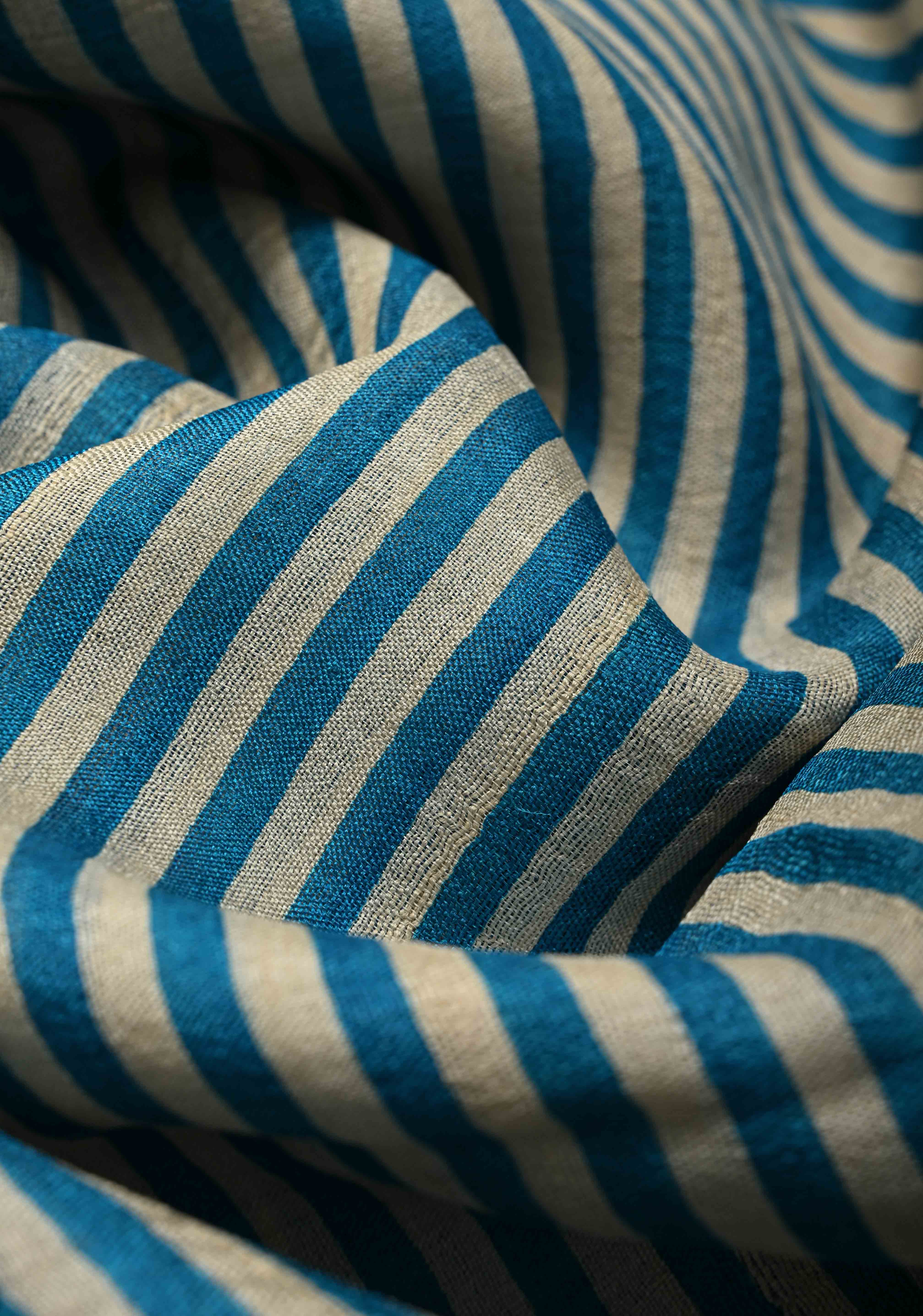Beige-Blue Jari Tussar Silk Saree with Handblock Stripes and Zari Border | SILK MARK CERTIFIED | Shobitam