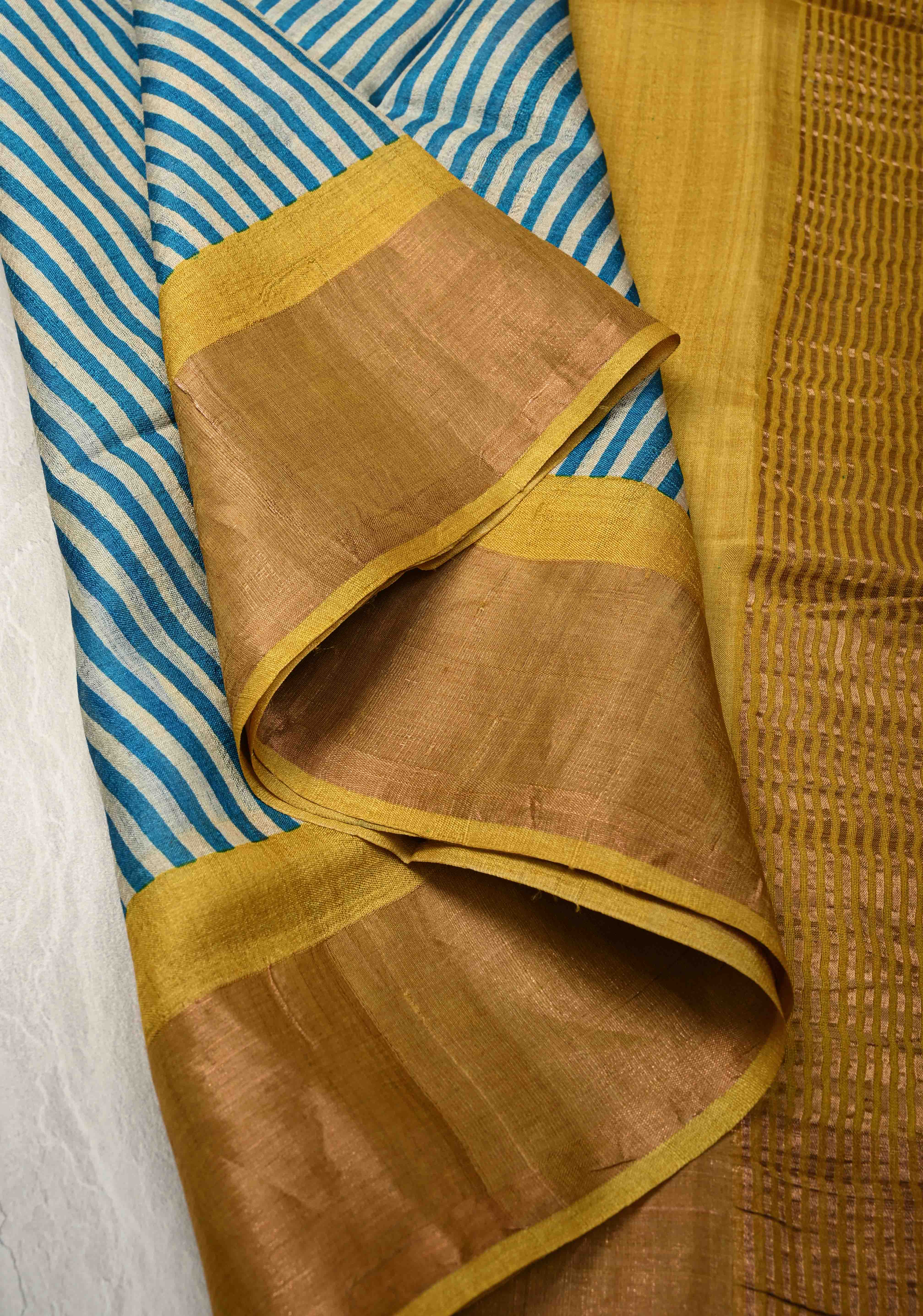 Beige-Blue Jari Tussar Silk Saree with Handblock Stripes and Zari Border | SILK MARK CERTIFIED | Shobitam