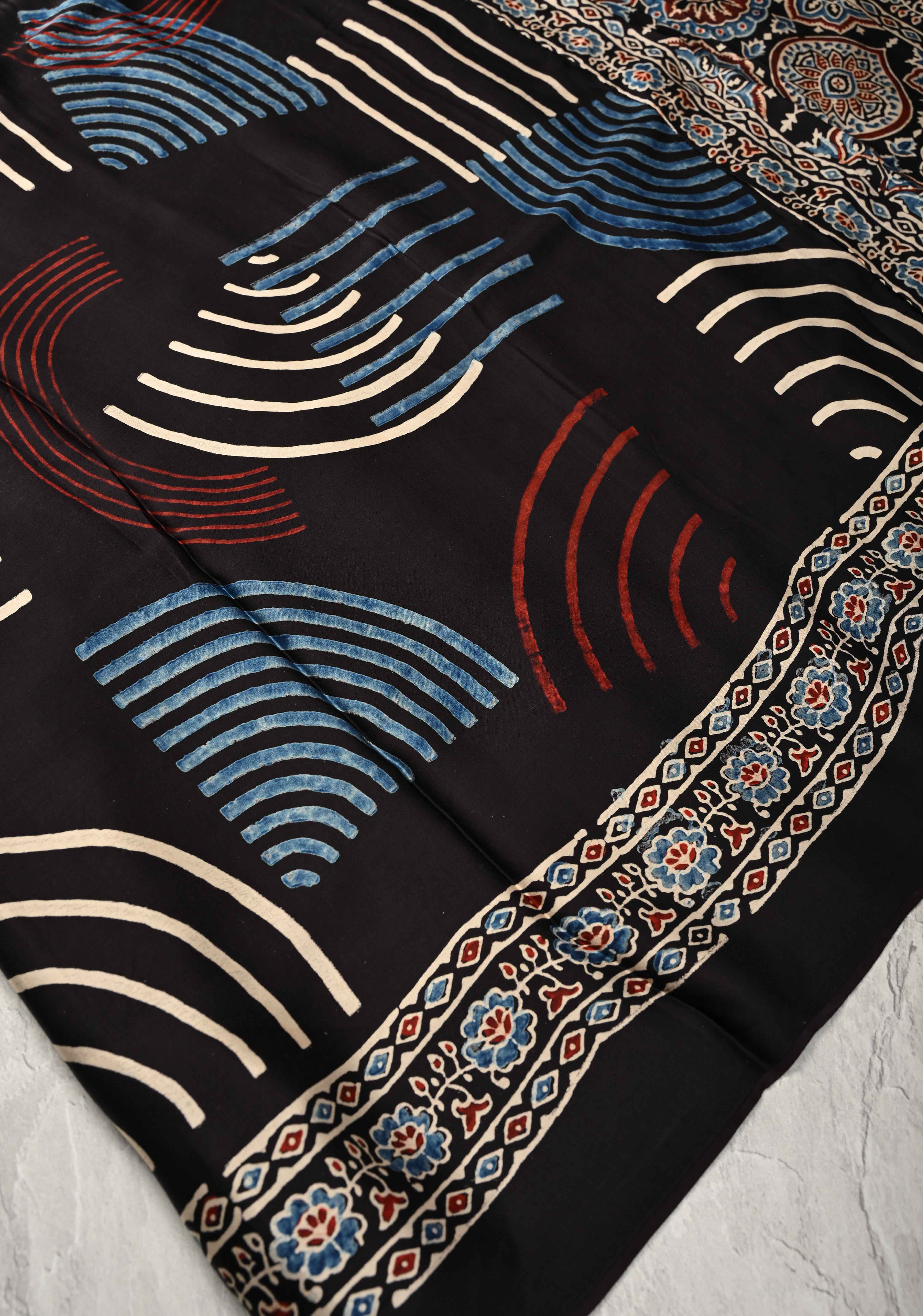 Black Hand Block Print on Modal Silk Saree with Ajrakh Pallu | Shobitam