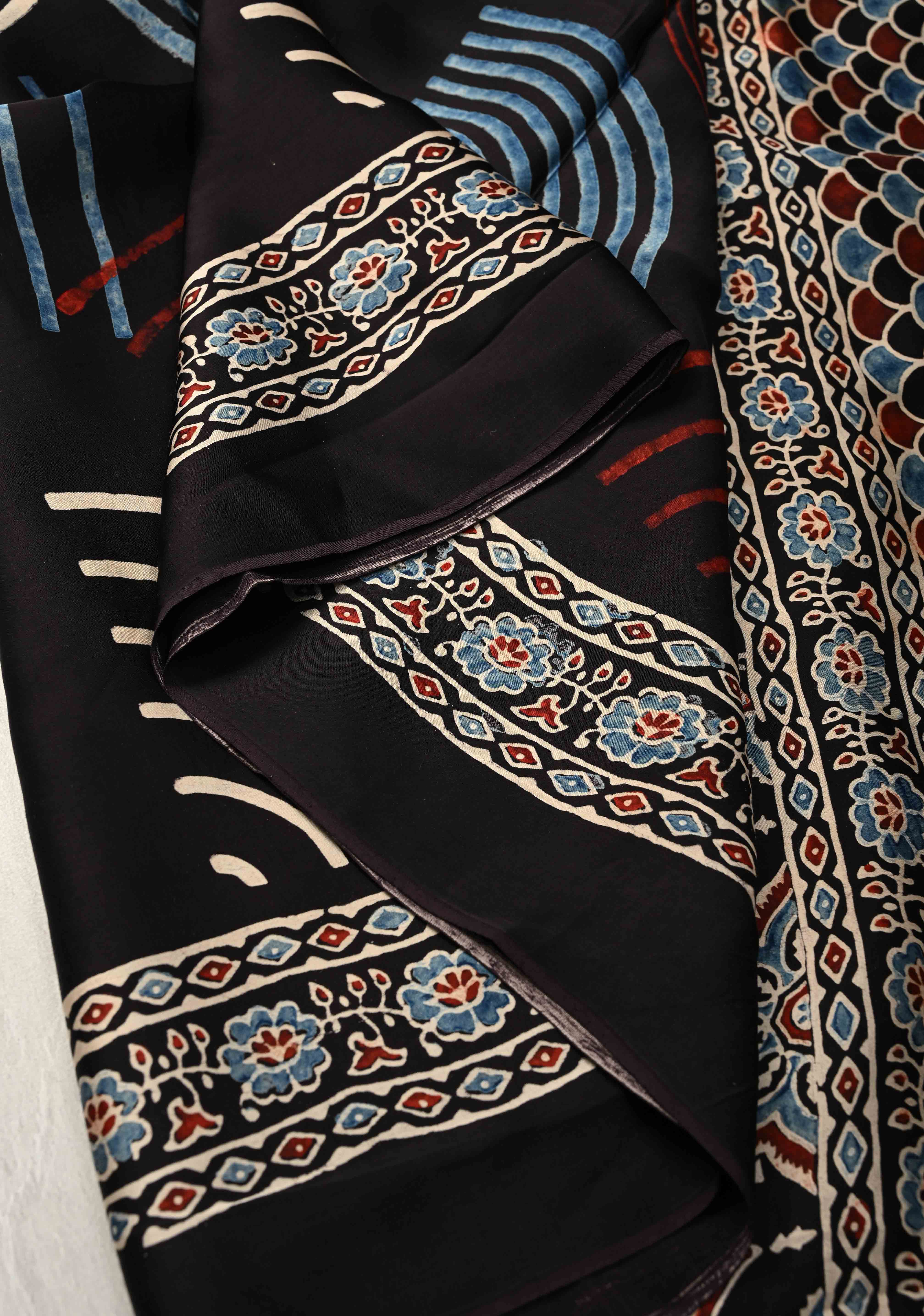 Black Hand Block Print on Modal Silk Saree with Ajrakh Pallu | Shobitam