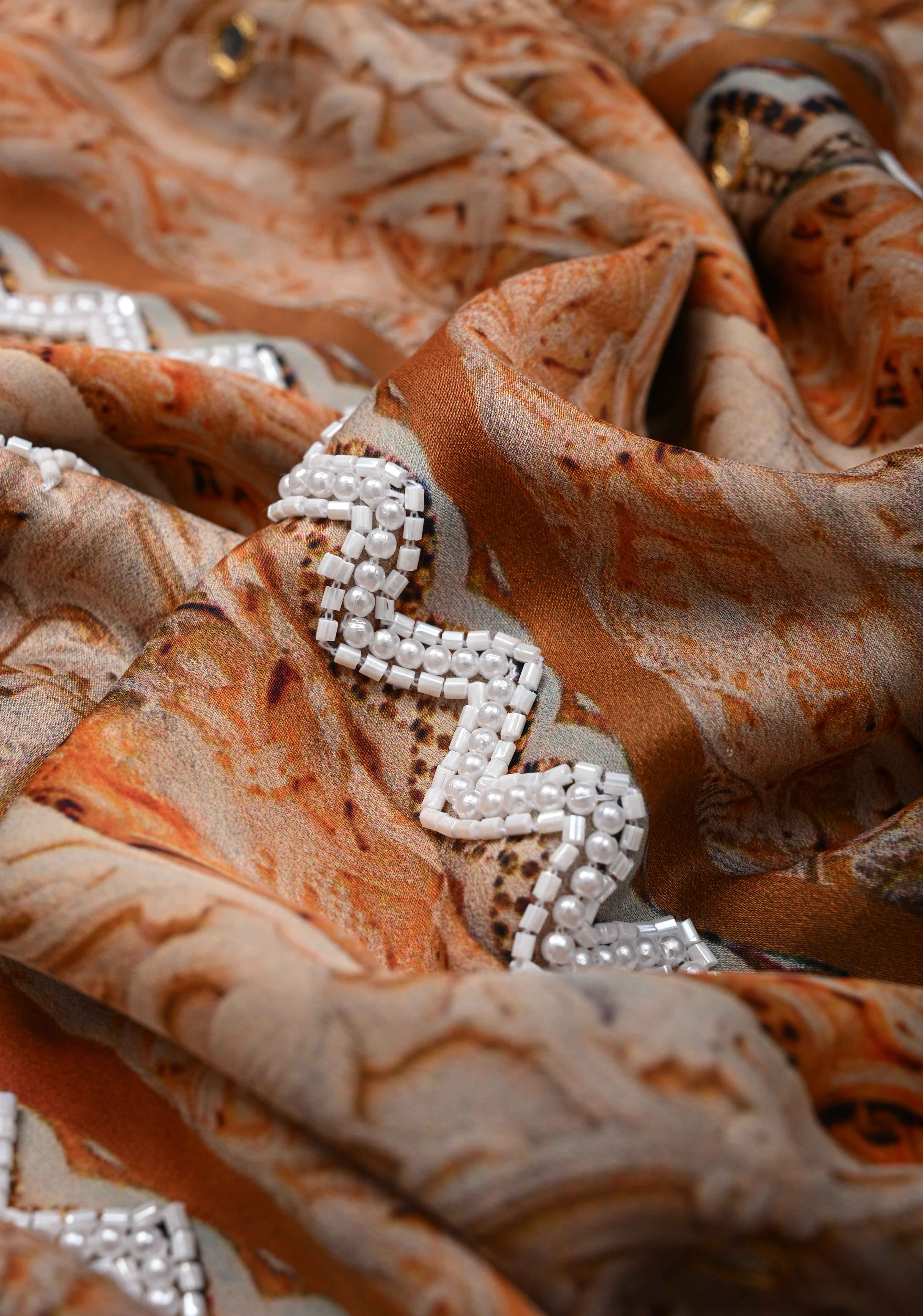 Beige and Peach Crepe Georgette Silk Saree with digital Print, Sequins, Cutdana, Mirror and Moti Beads Detailing | Shobitam