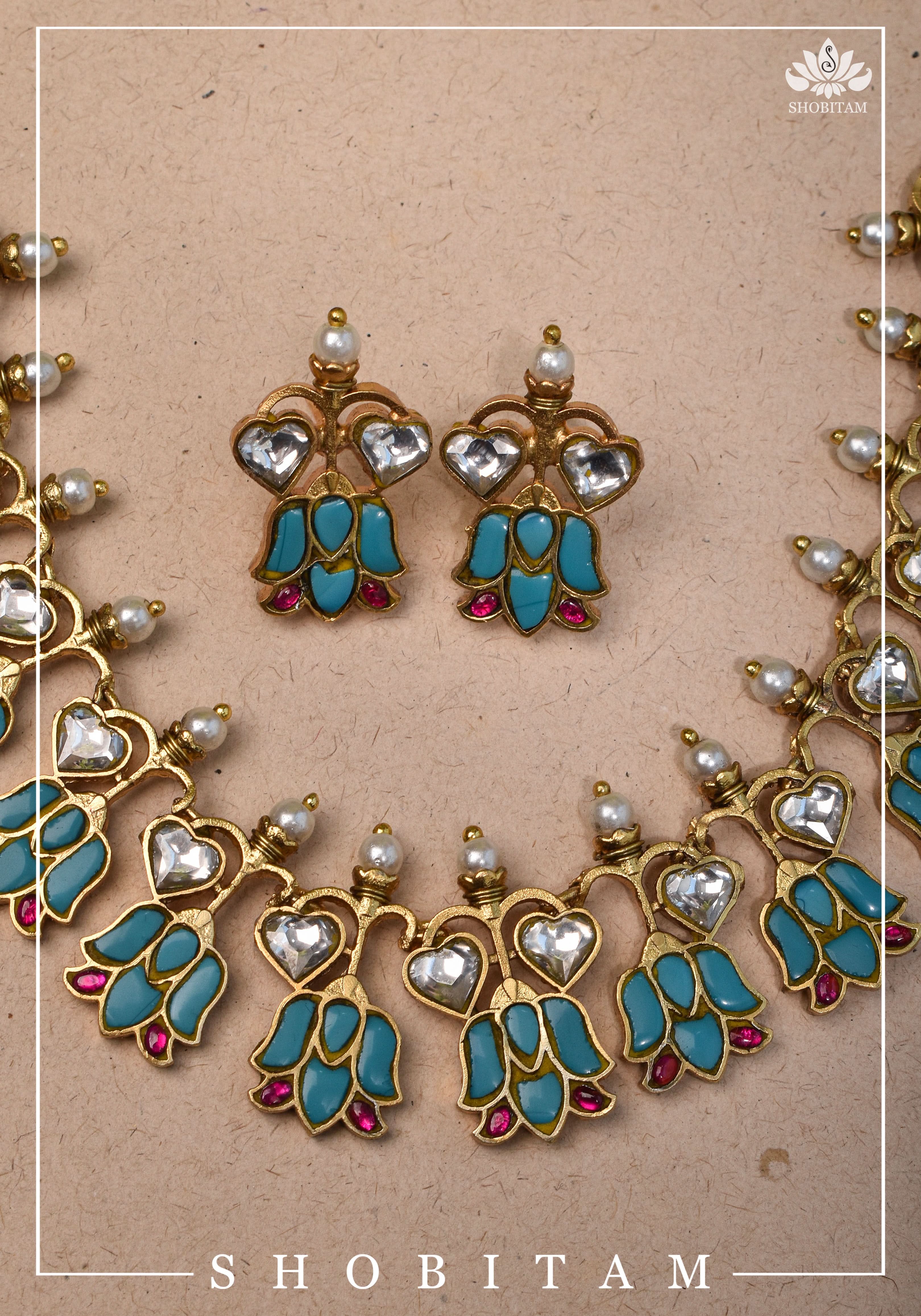 Grayish Teal Falling Lotus Design Falling Lotus design Jadau Necklace Set | SHOBITAM