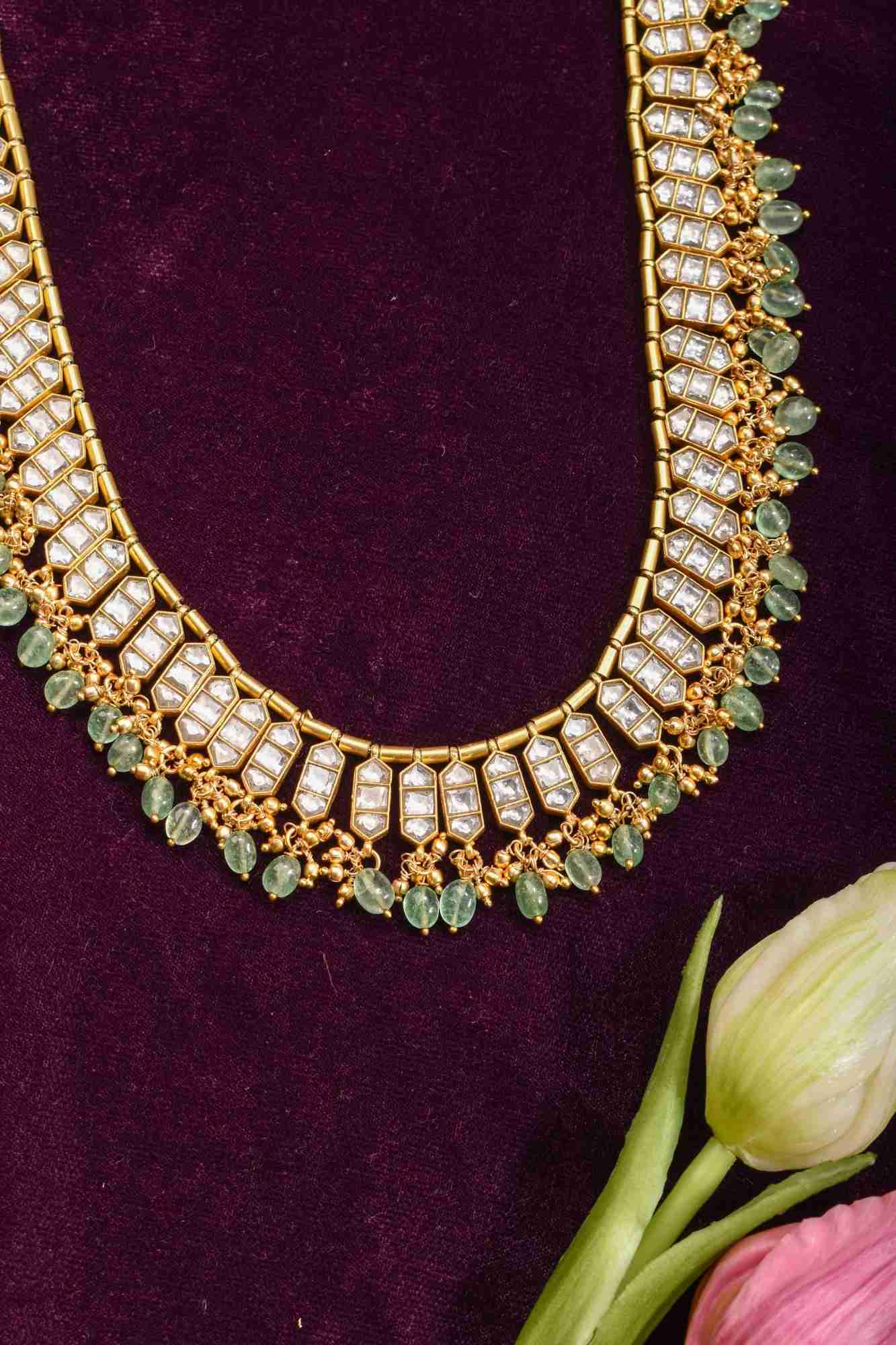 Necklace Jadau Set with White Stones and Dangling Beads | Shobitam Jewelry