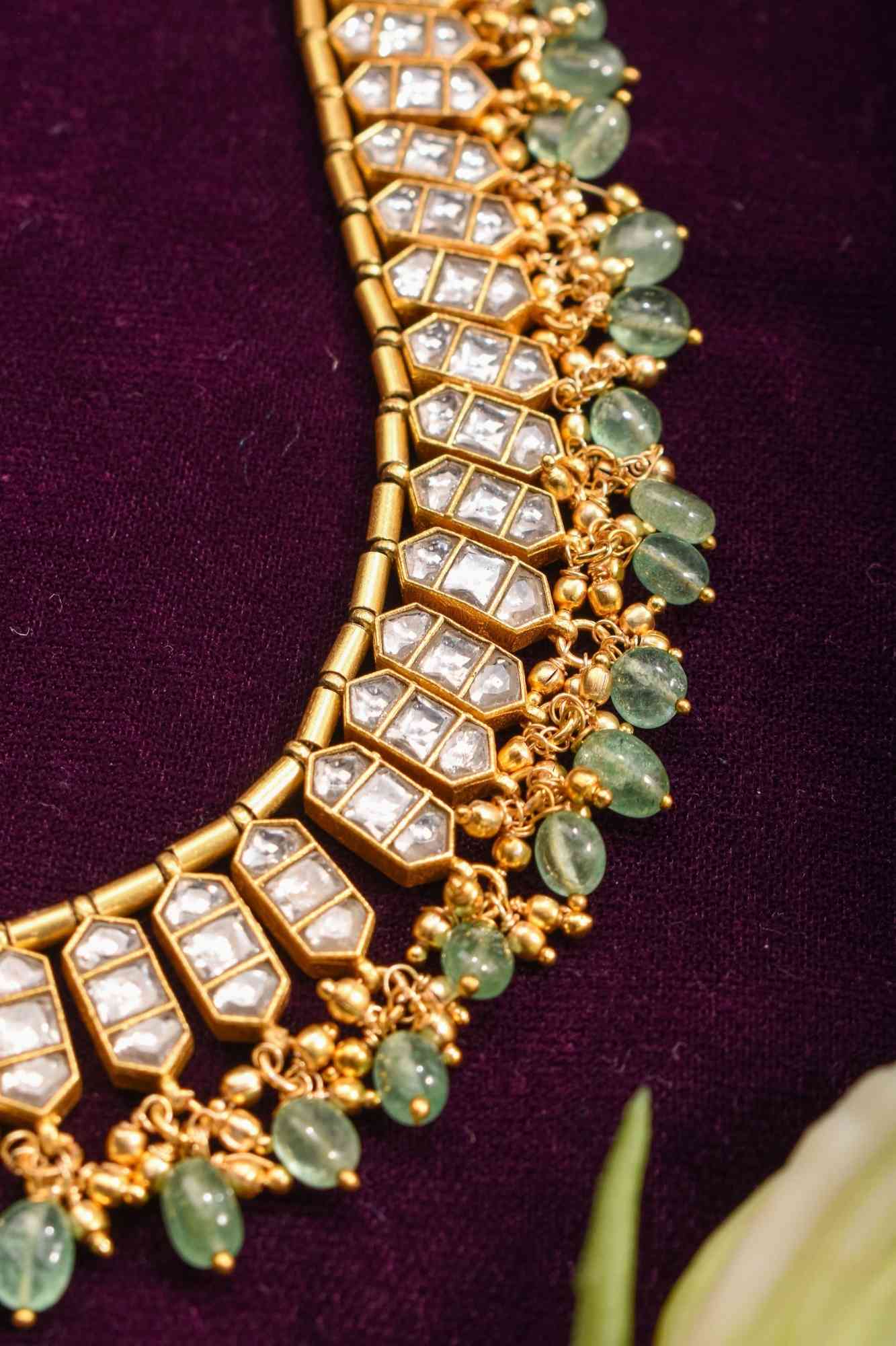 Necklace Jadau Set with White Stones and Dangling Beads | Shobitam Jewelry