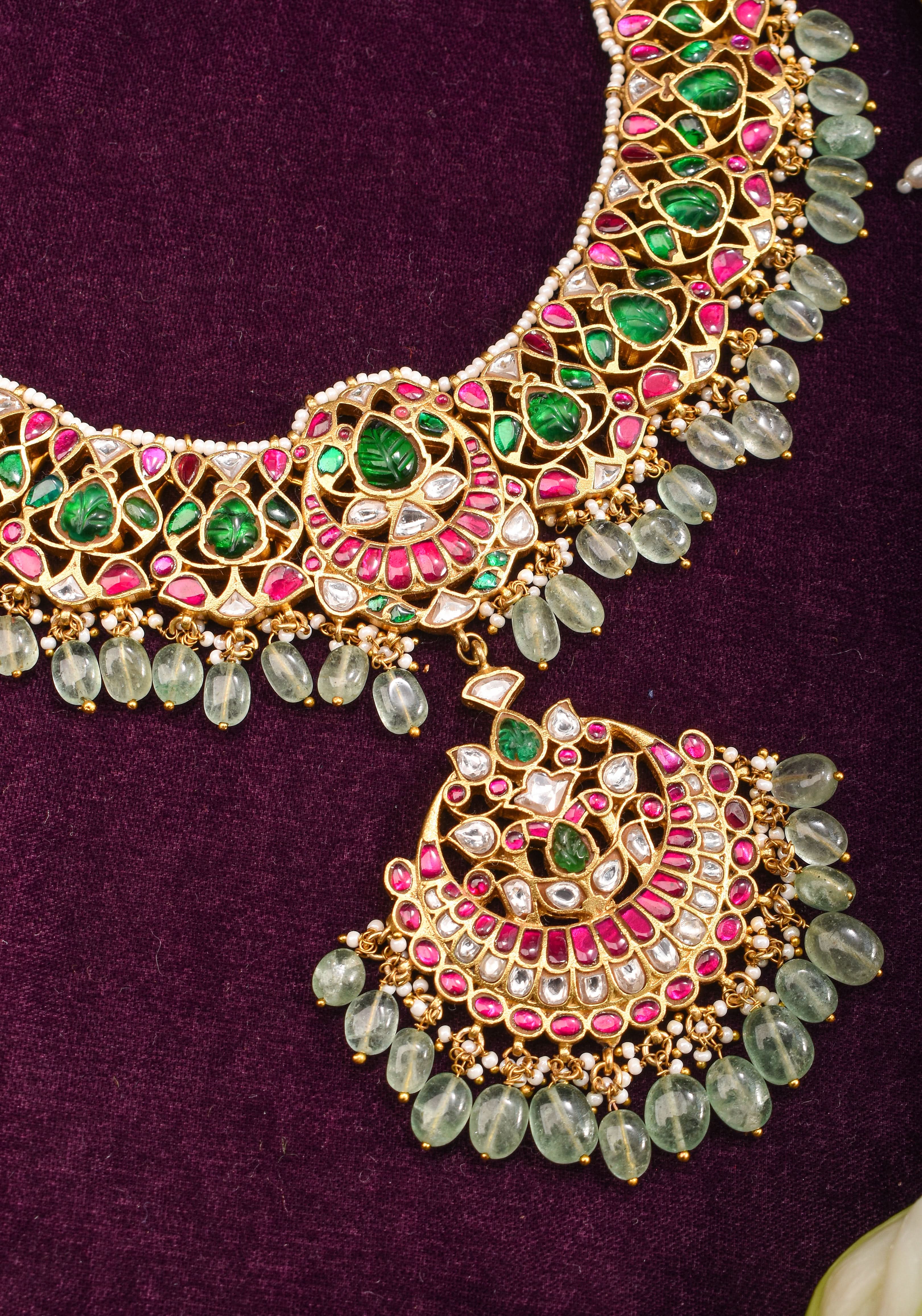 Exquisite Jadau Necklace with central pendant and sage dangling stones | SHOBITAM