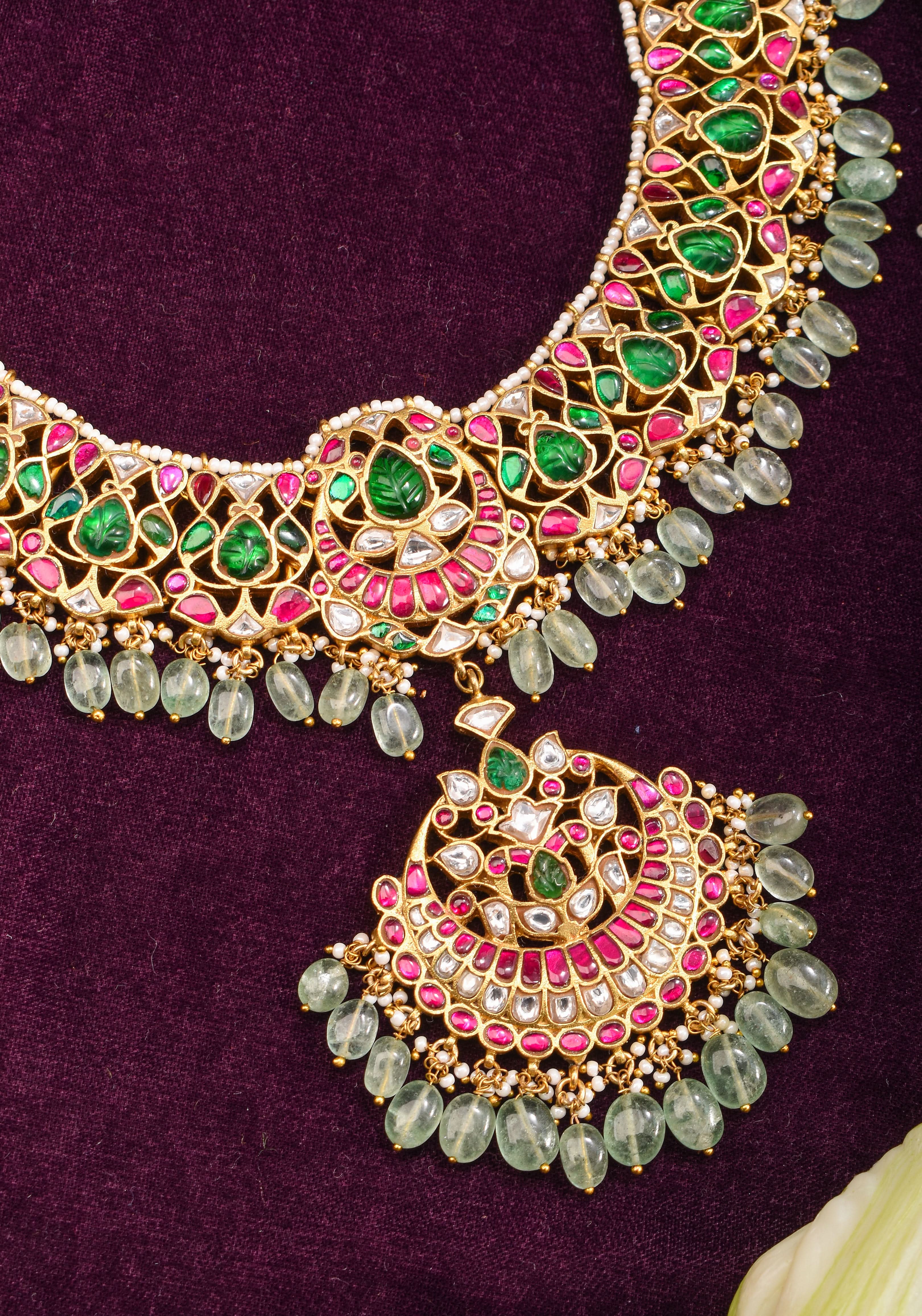 Exquisite Jadau Necklace with central pendant and sage dangling stones | SHOBITAM