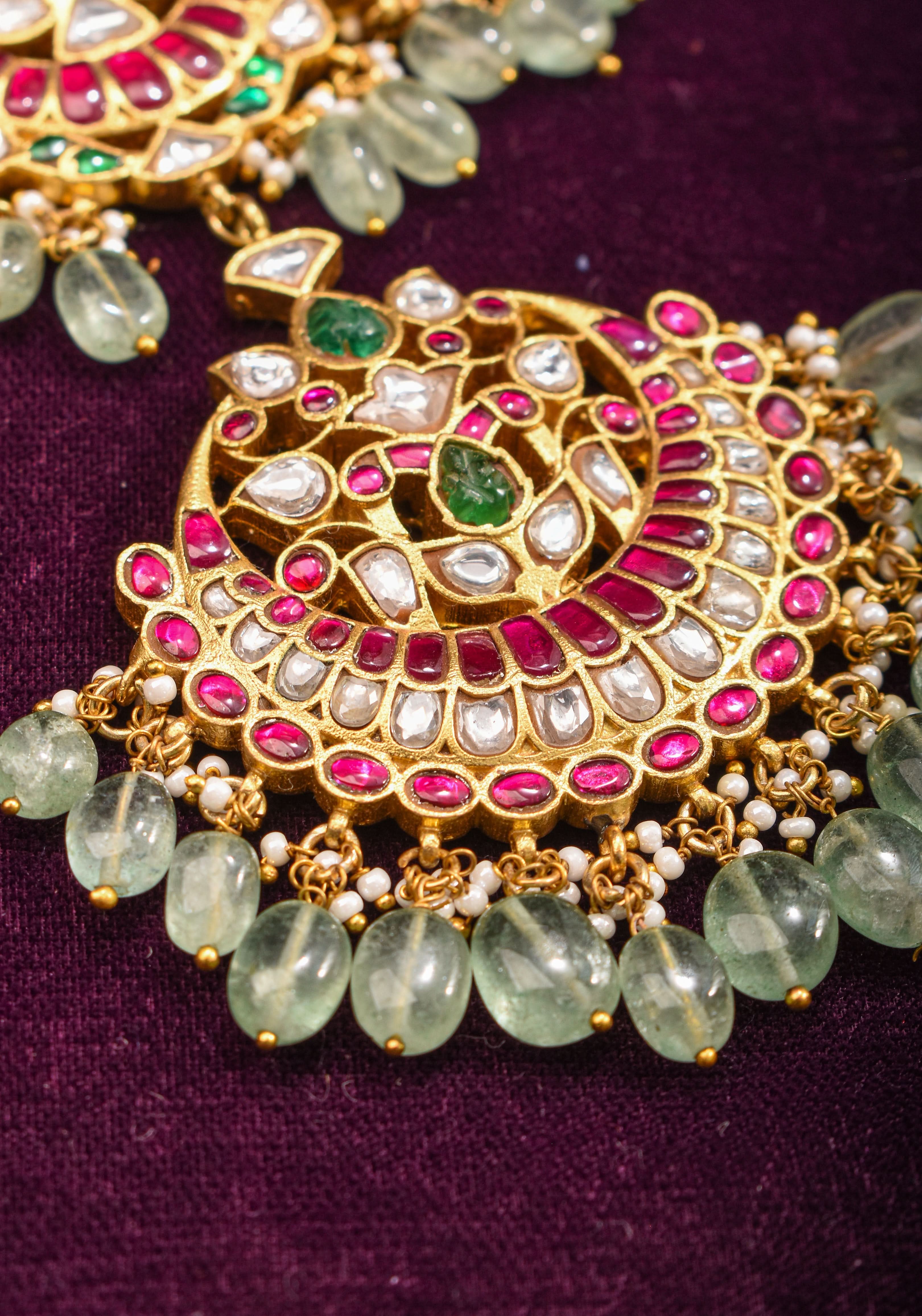 Exquisite Jadau Necklace with central pendant and sage dangling stones | SHOBITAM