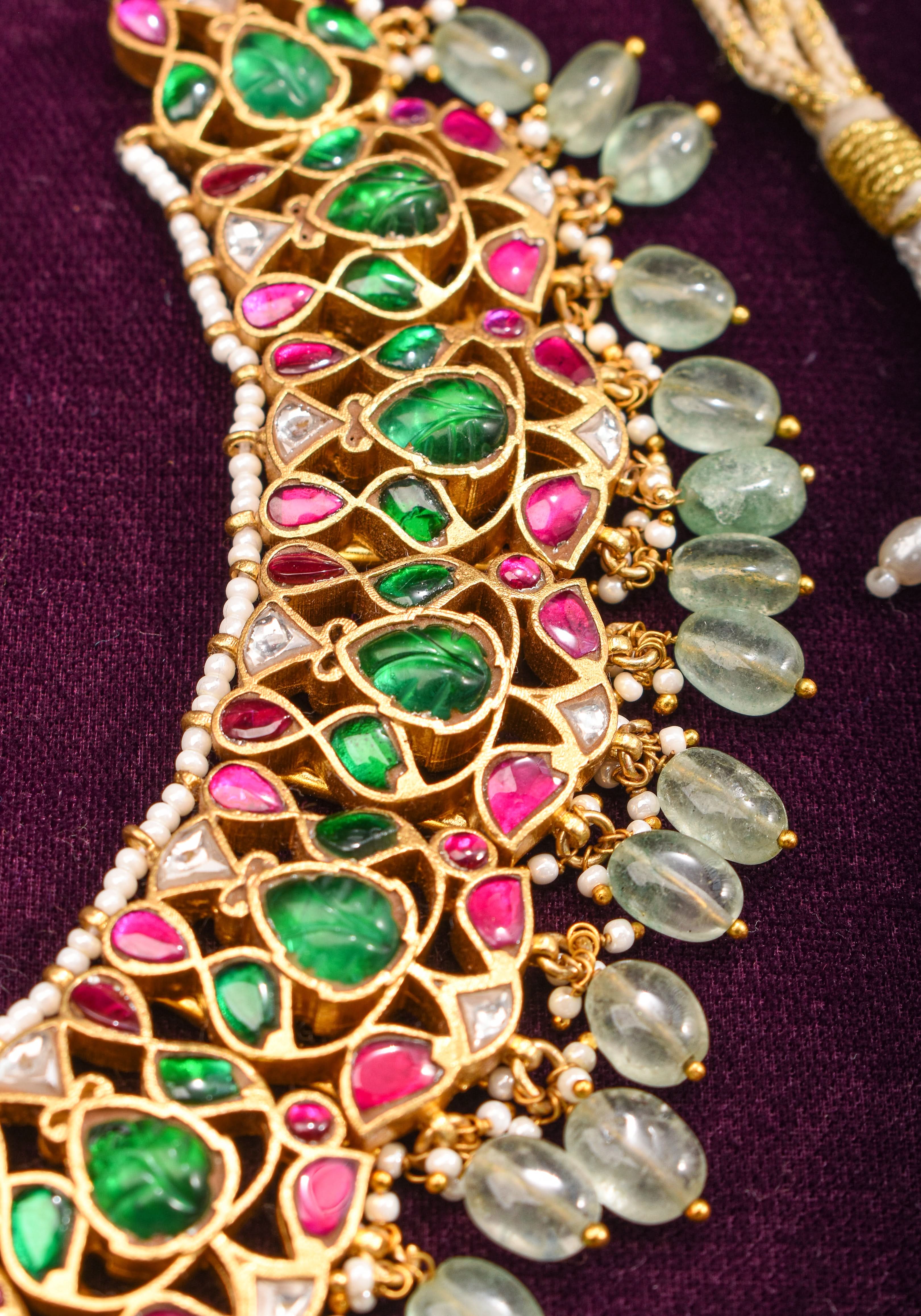 Exquisite Jadau Necklace with central pendant and sage dangling stones | SHOBITAM